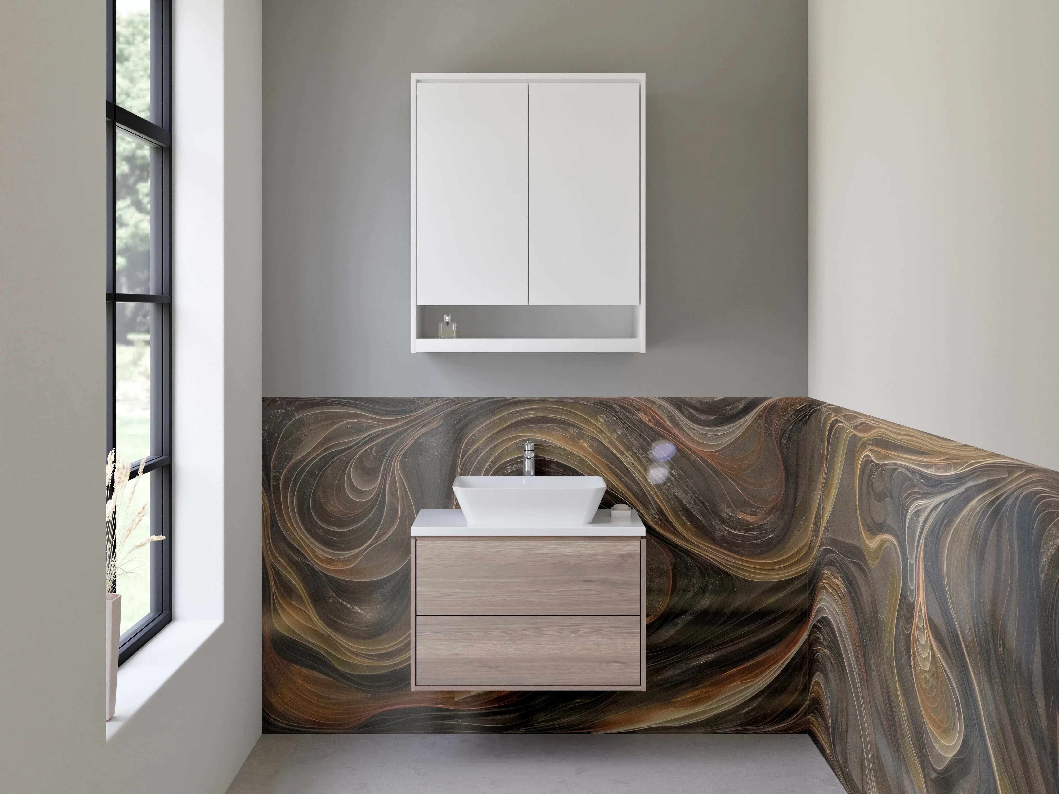 Waschbecken-Rückwand - Abstrakte Marmoroptik in Braun und Gold