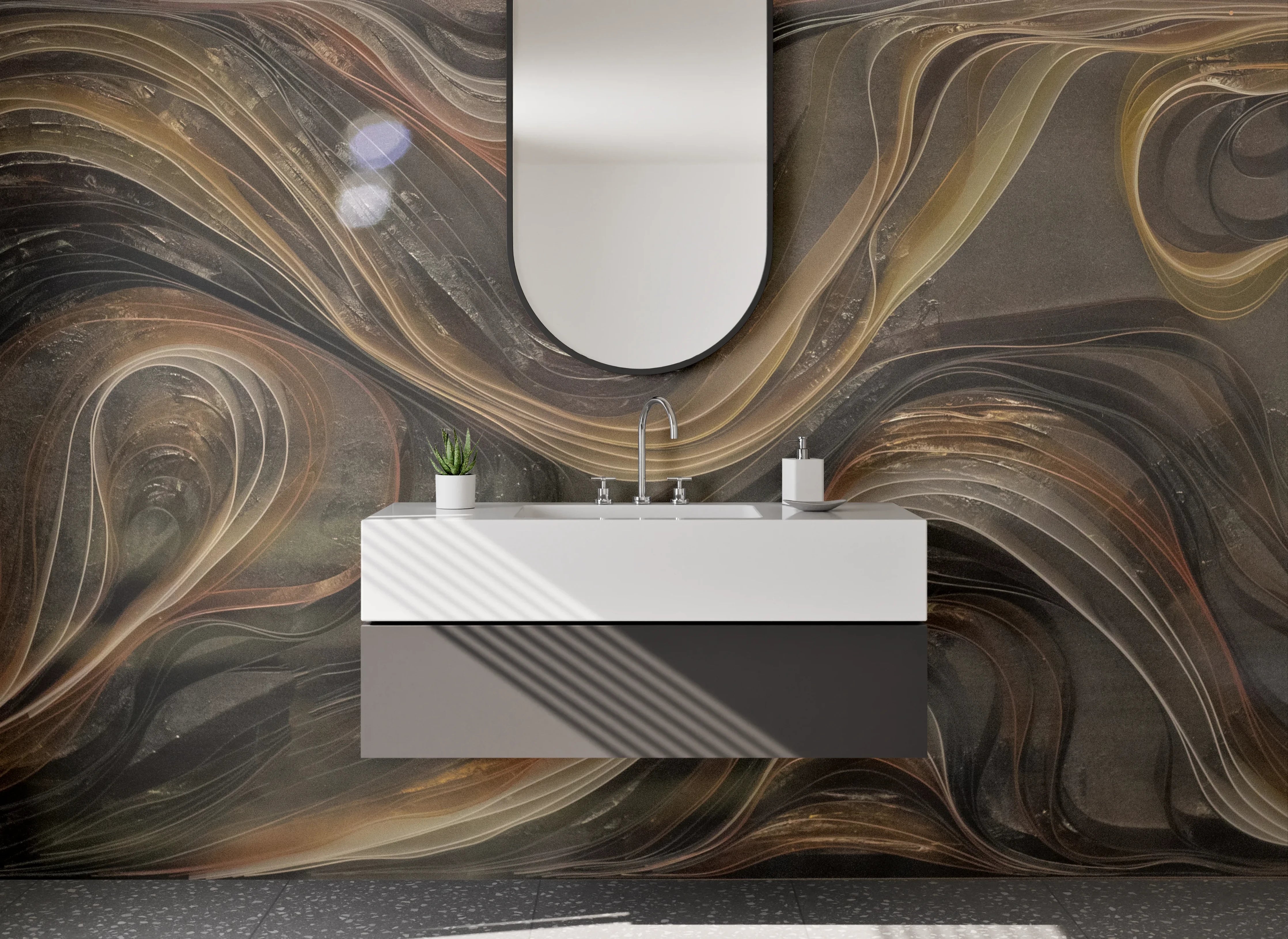 Waschbecken-Rückwand - Abstrakte Marmoroptik in Braun und Gold