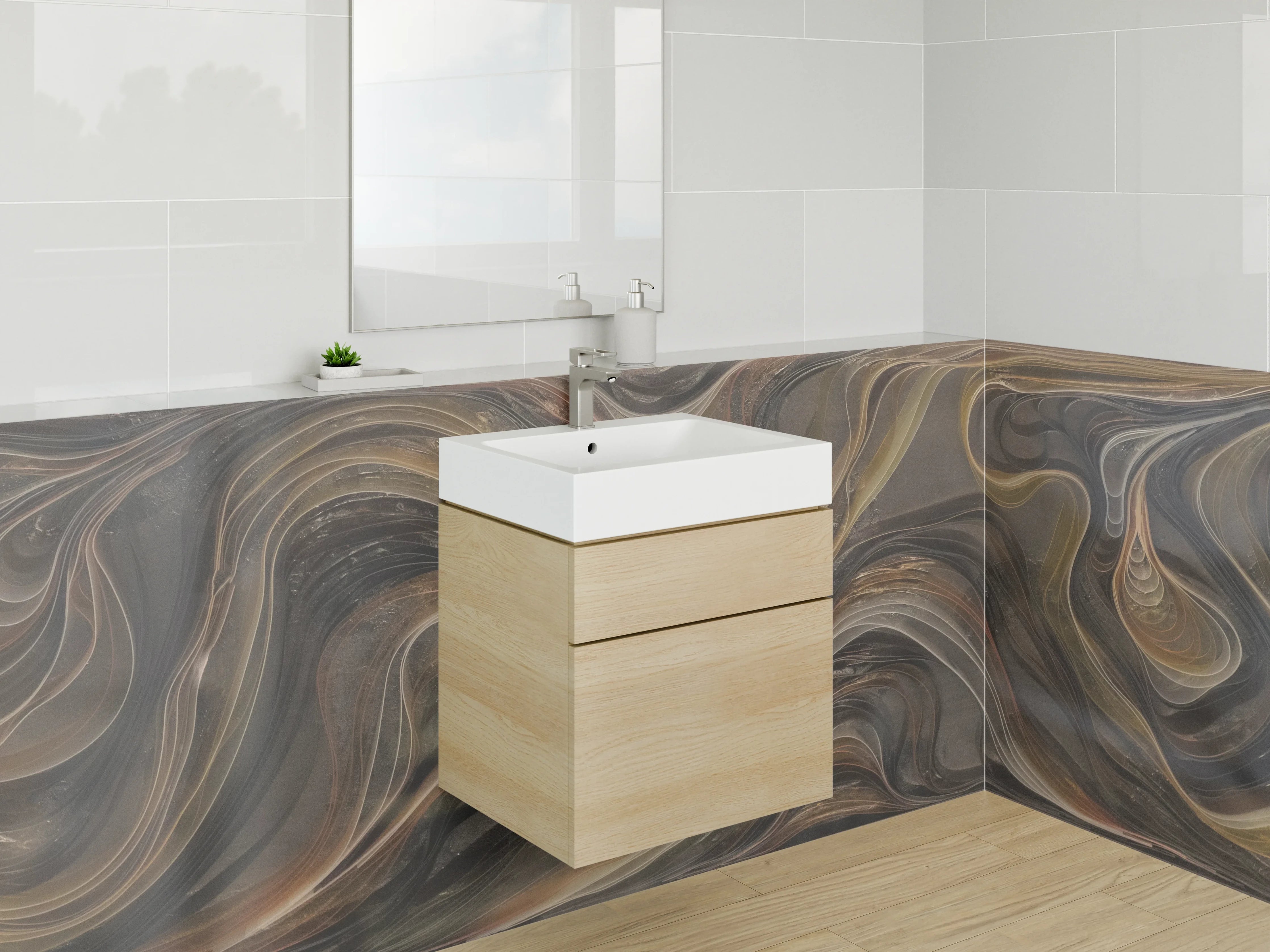 Waschbecken-Rückwand - Abstrakte Marmoroptik in Braun und Gold