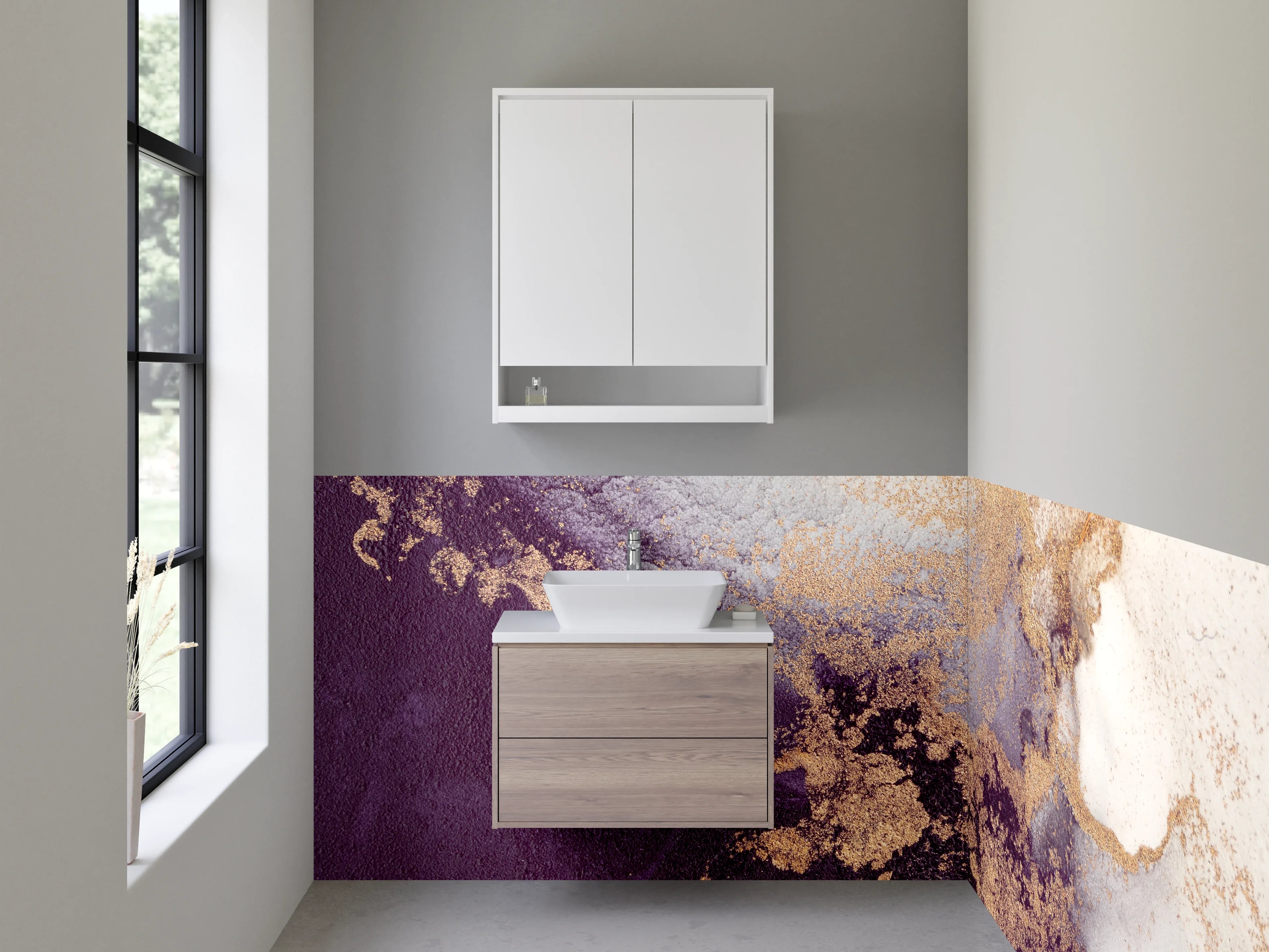 Waschbecken-Rückwand - Abstrakte Marmoroptik in Violett und Gold