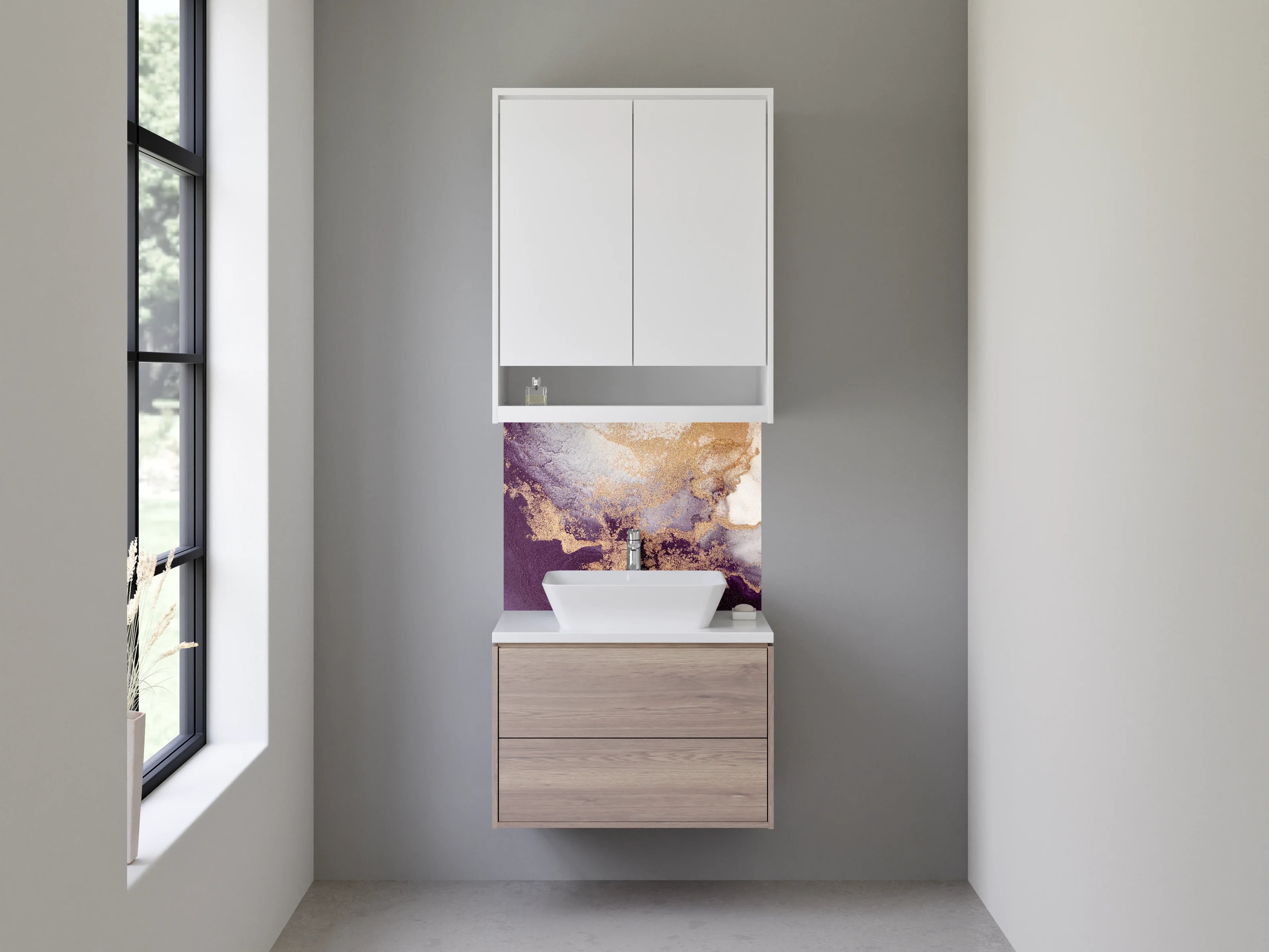 Waschbecken-Rückwand - Abstrakte Marmoroptik in Violett und Gold