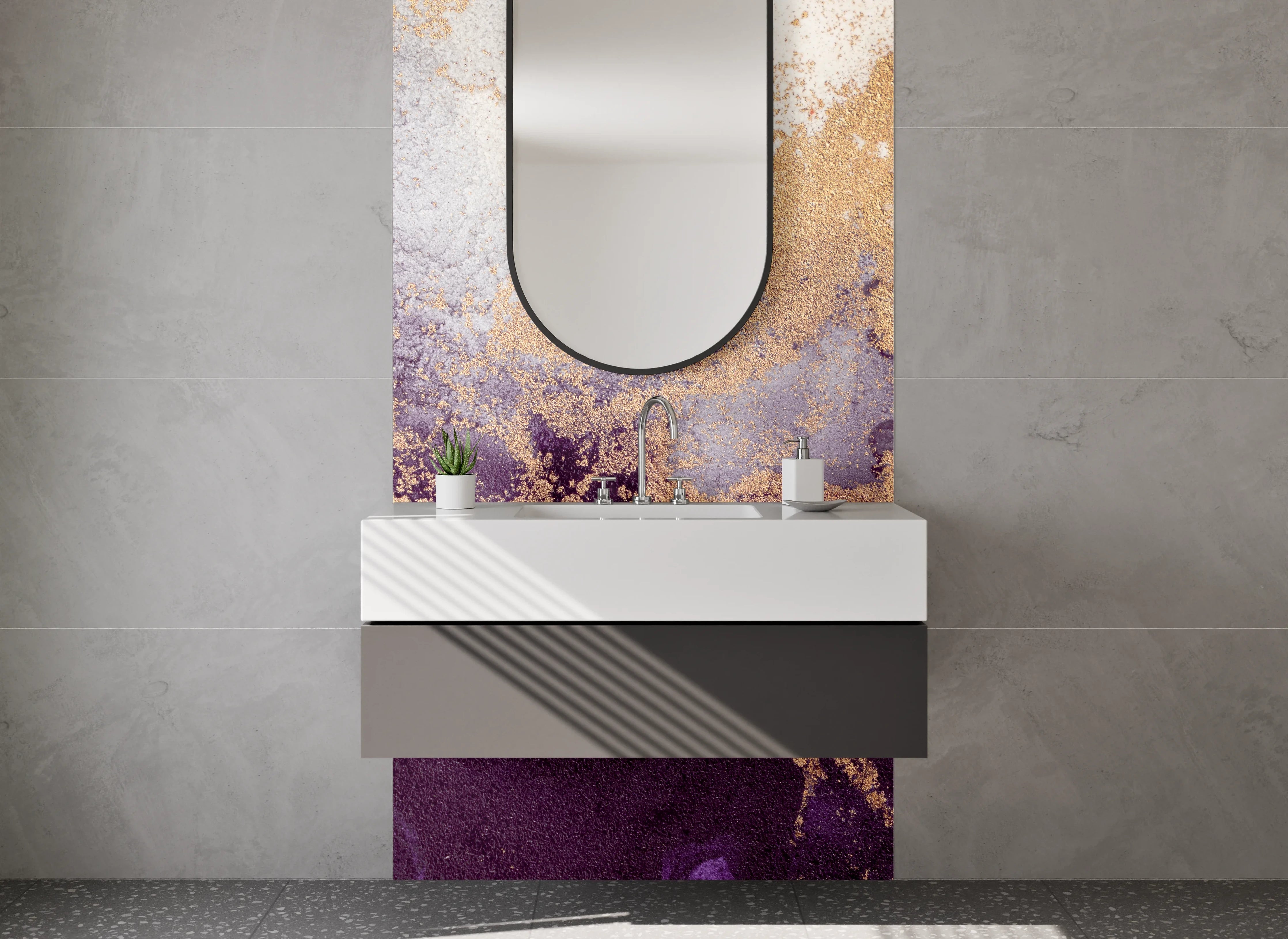 Waschbecken-Rückwand - Abstrakte Marmoroptik in Violett und Gold