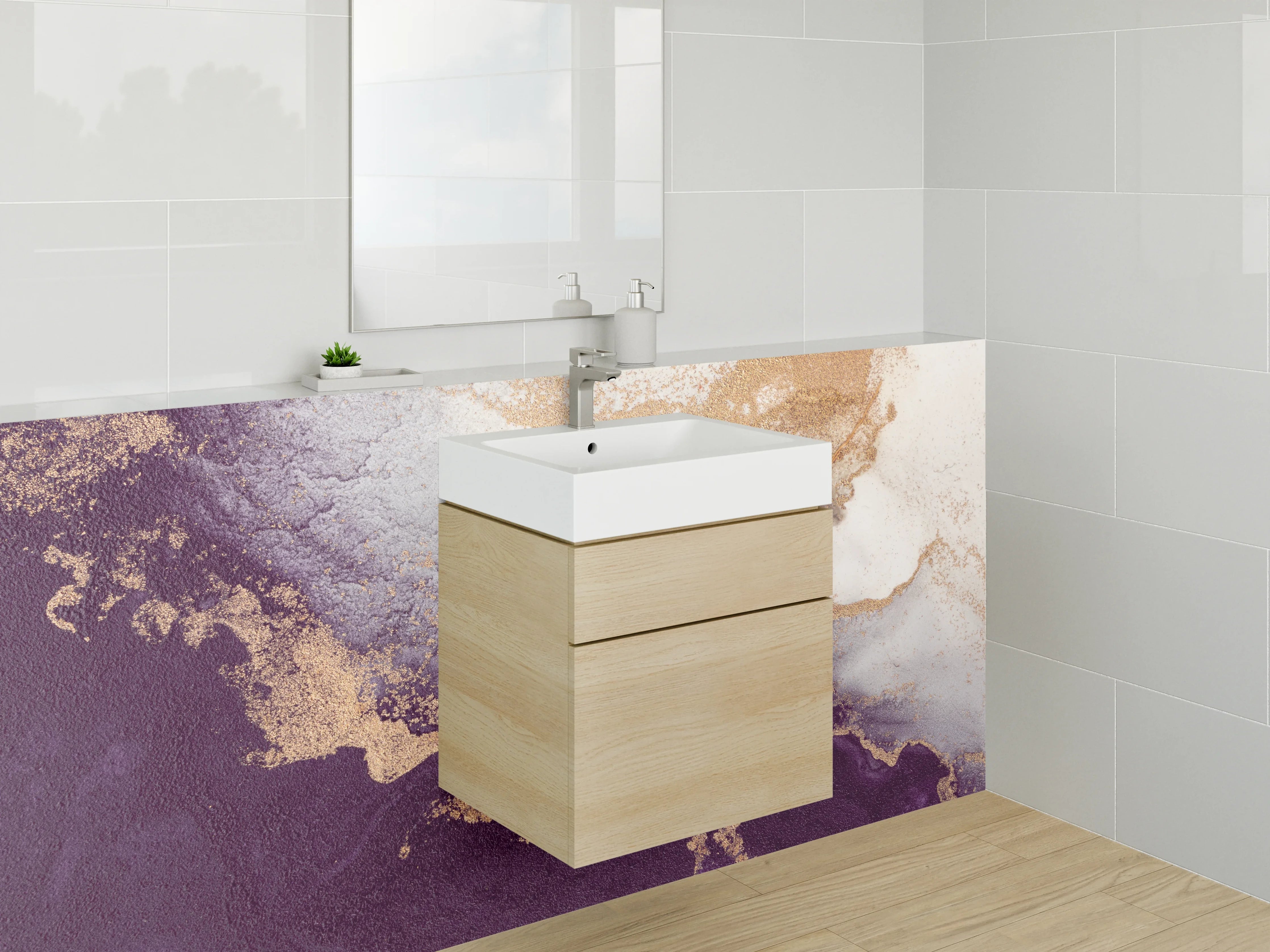 Waschbecken-Rückwand - Abstrakte Marmoroptik in Violett und Gold