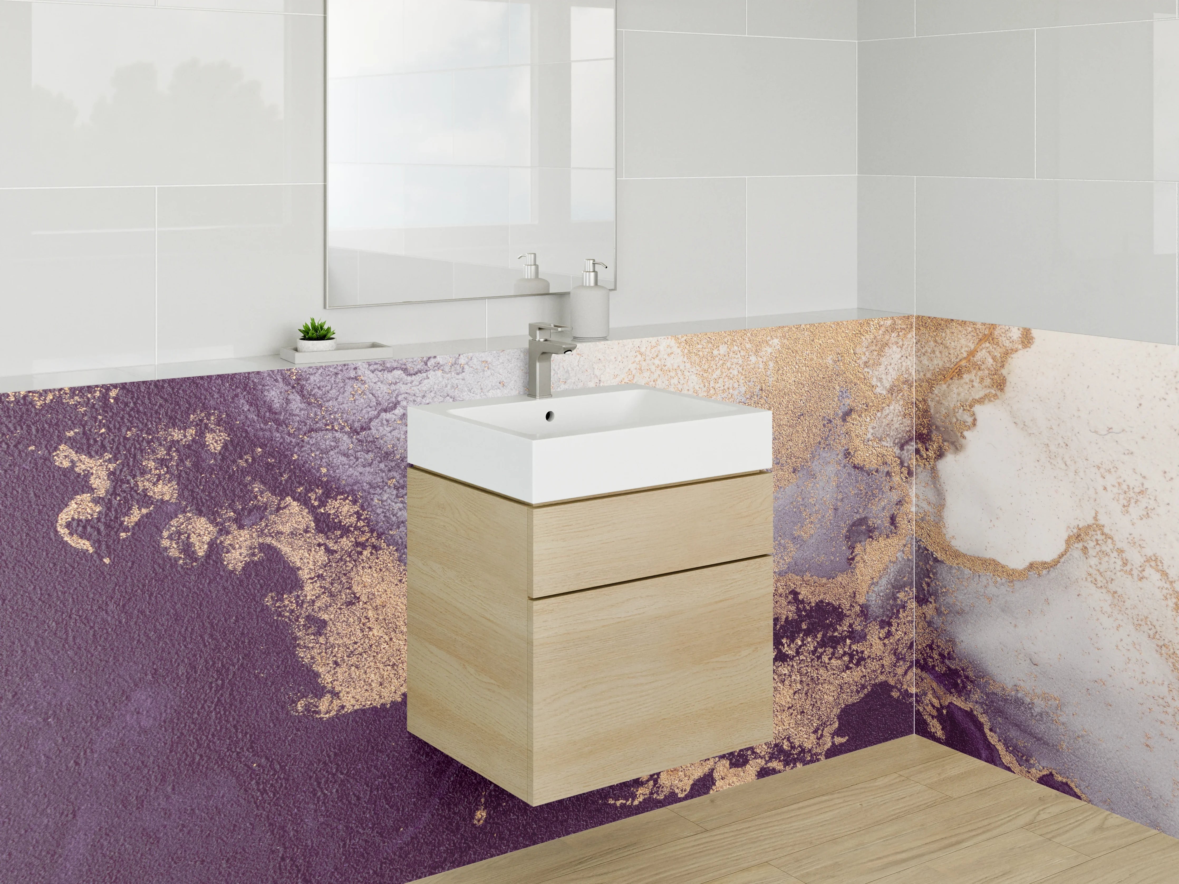 Waschbecken-Rückwand - Abstrakte Marmoroptik in Violett und Gold
