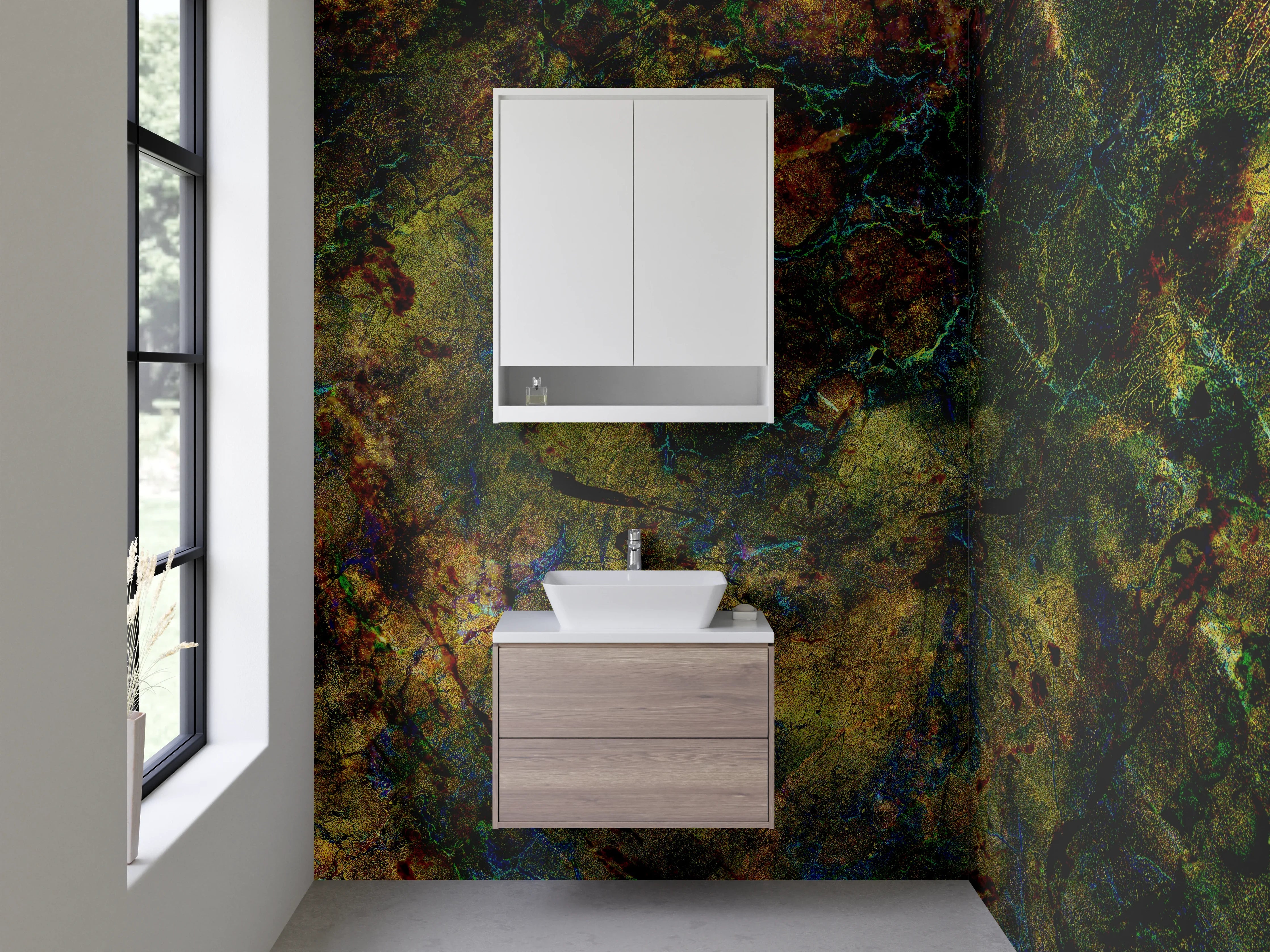 Waschbecken-Rückwand - Abstrakte Marmorstruktur in Grün-Gold-Braun