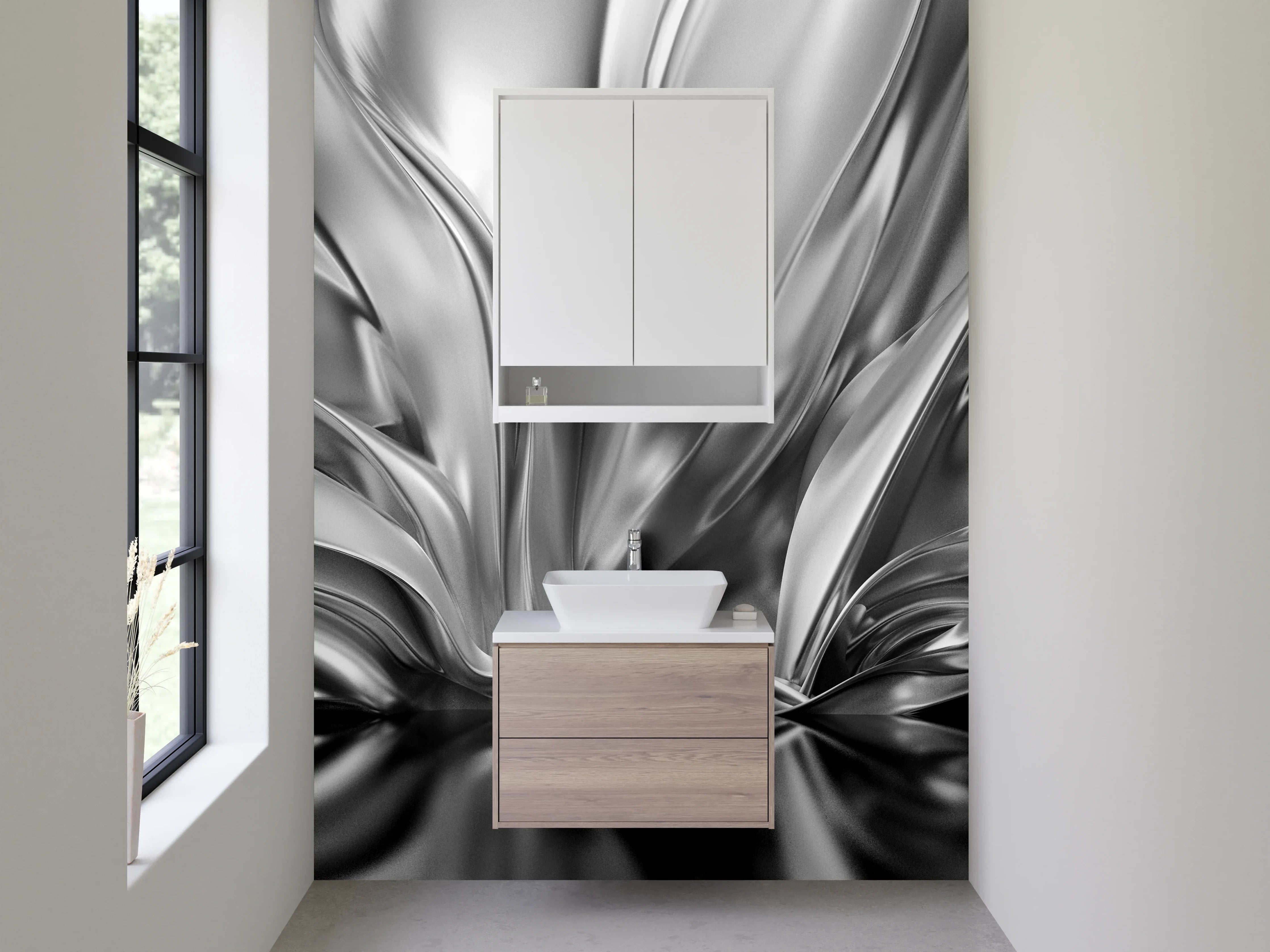 Waschbecken-Rückwand - Abstrakte Metallic Wellen in Silber