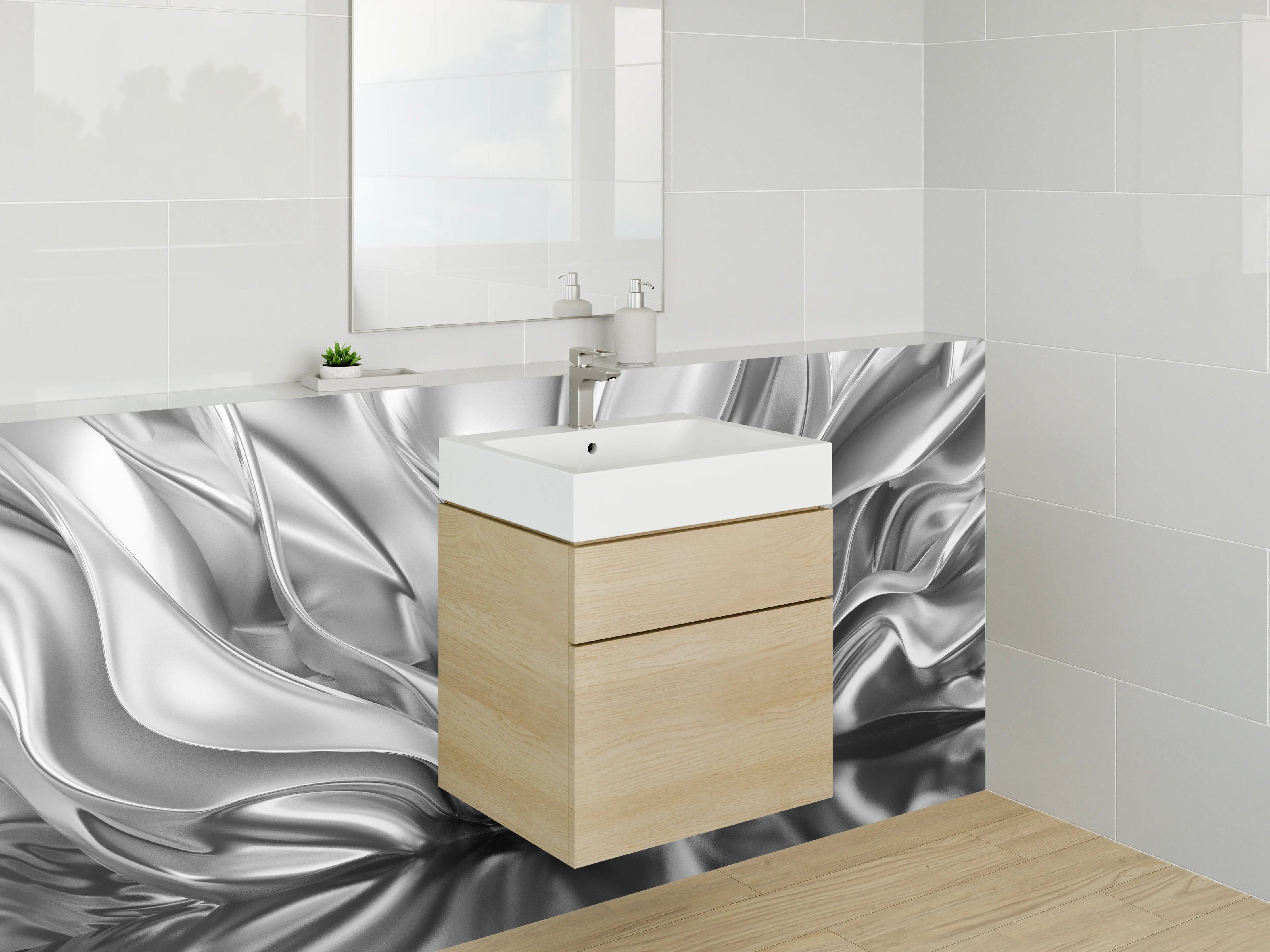 Waschbecken-Rückwand - Abstrakte Metallic Wellen in Silber