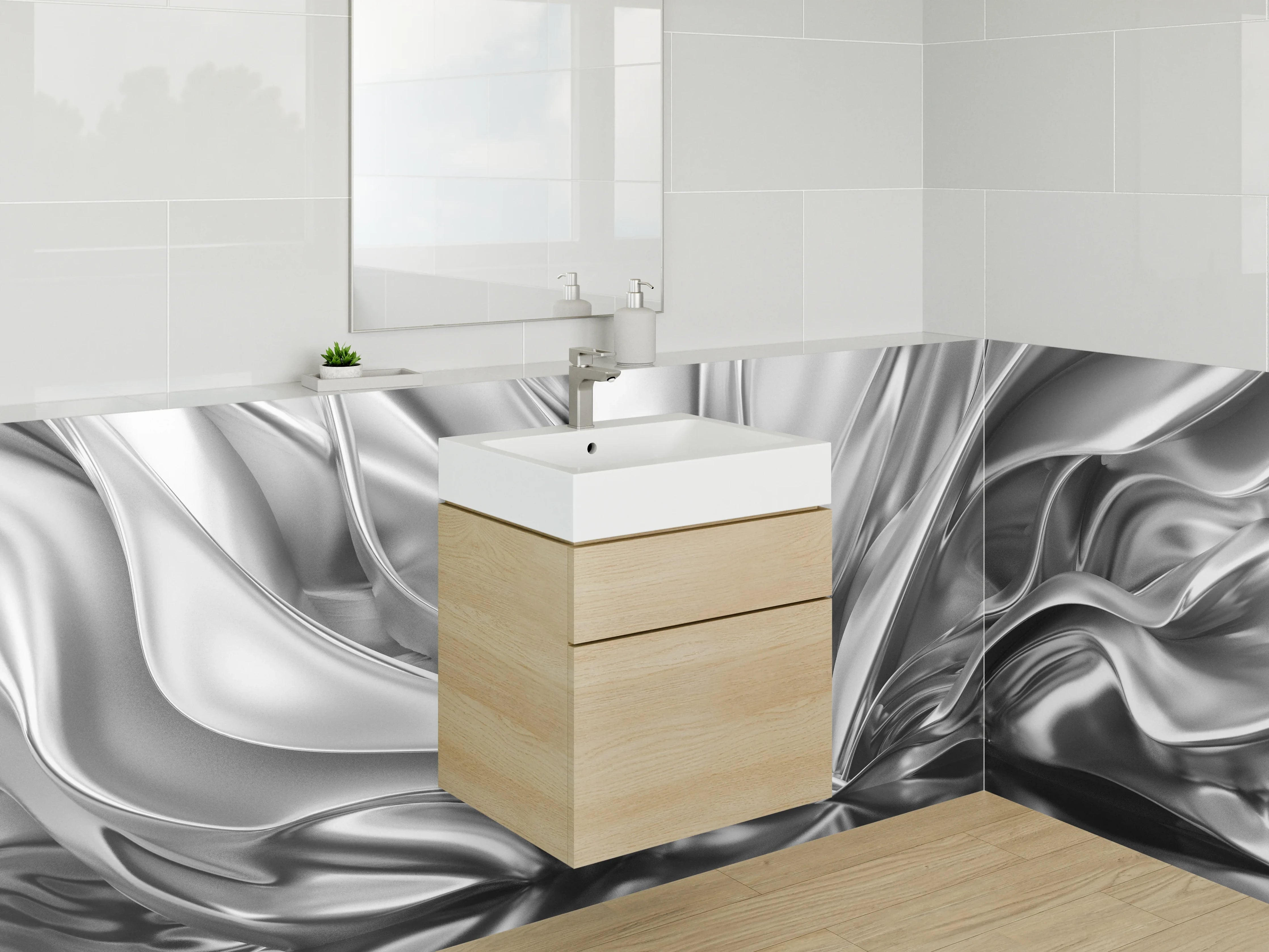 Waschbecken-Rückwand - Abstrakte Metallic Wellen in Silber
