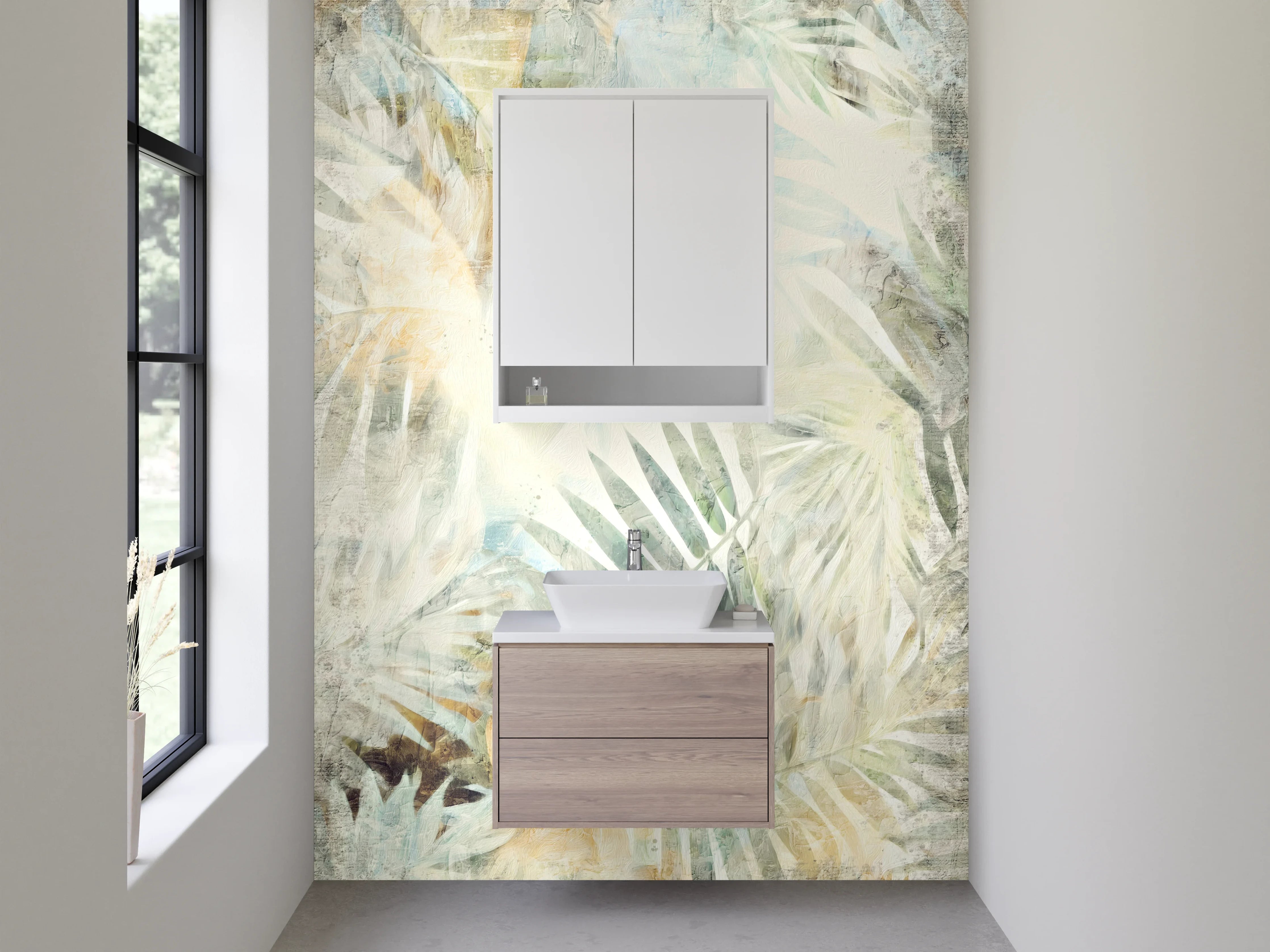 Waschbecken-Rückwand - Abstrakte Palmenblätter Weiß Beige