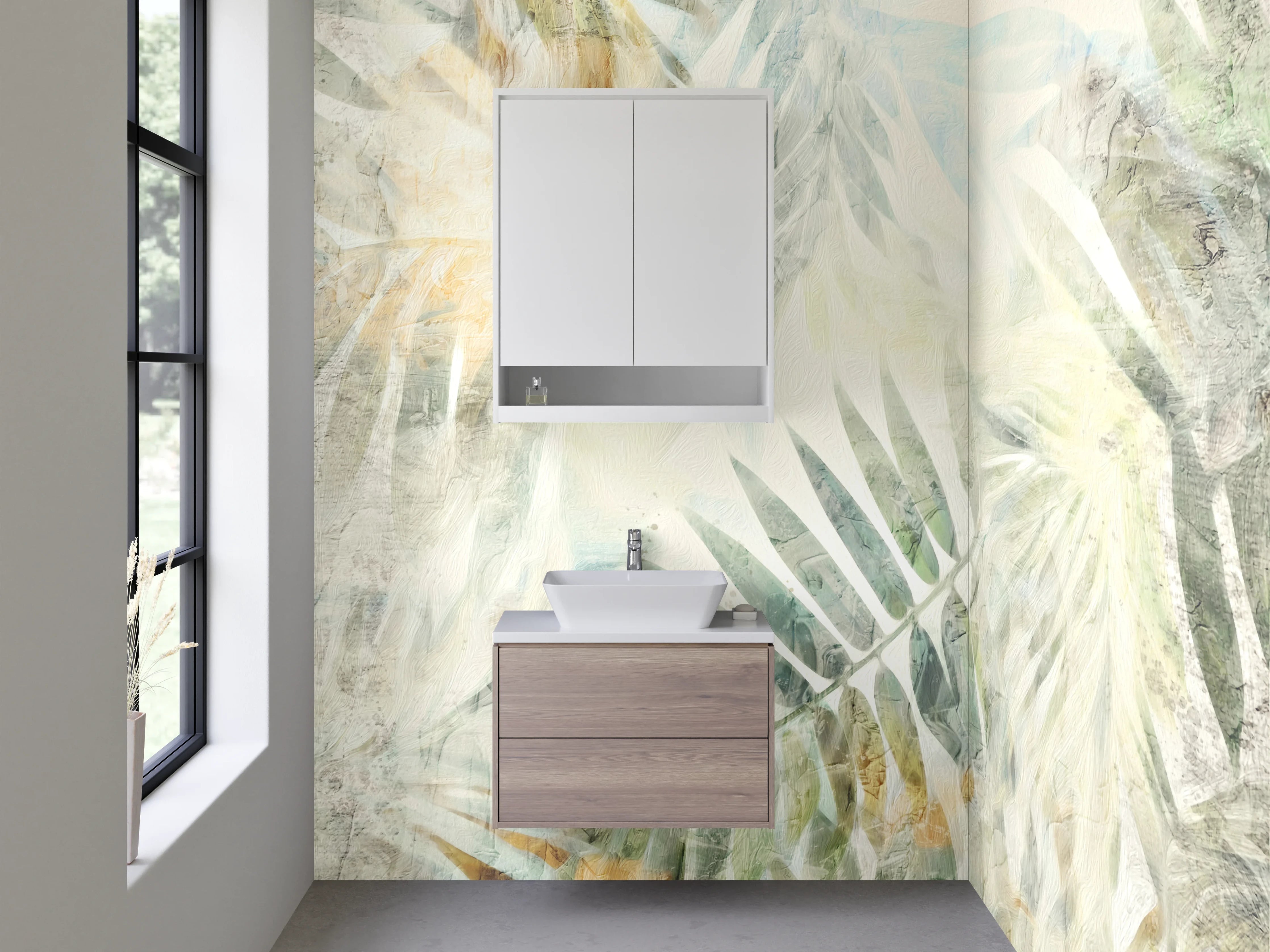 Waschbecken-Rückwand - Abstrakte Palmenblätter Weiß Beige