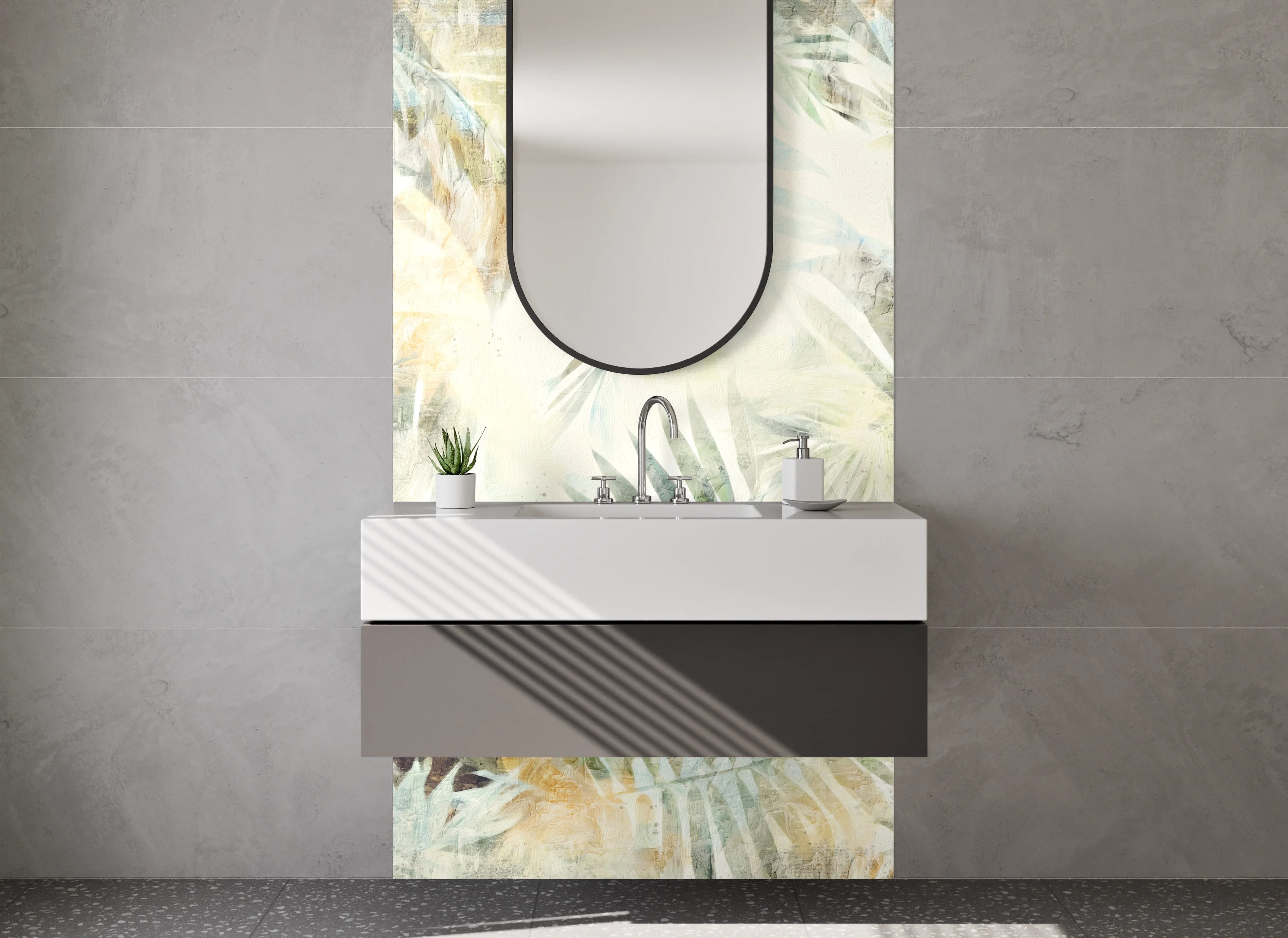 Waschbecken-Rückwand - Abstrakte Palmenblätter Weiß Beige