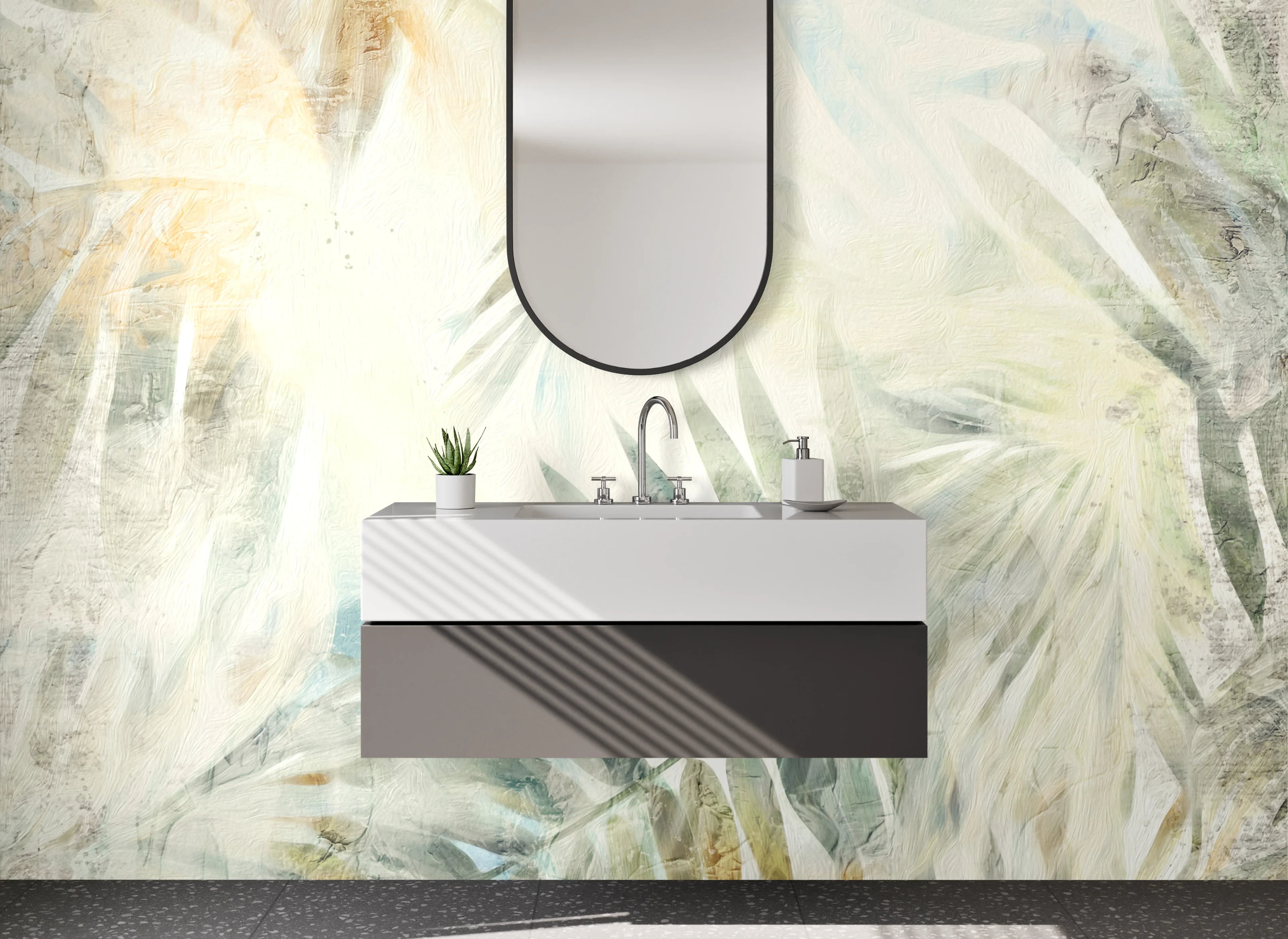 Waschbecken-Rückwand - Abstrakte Palmenblätter Weiß Beige
