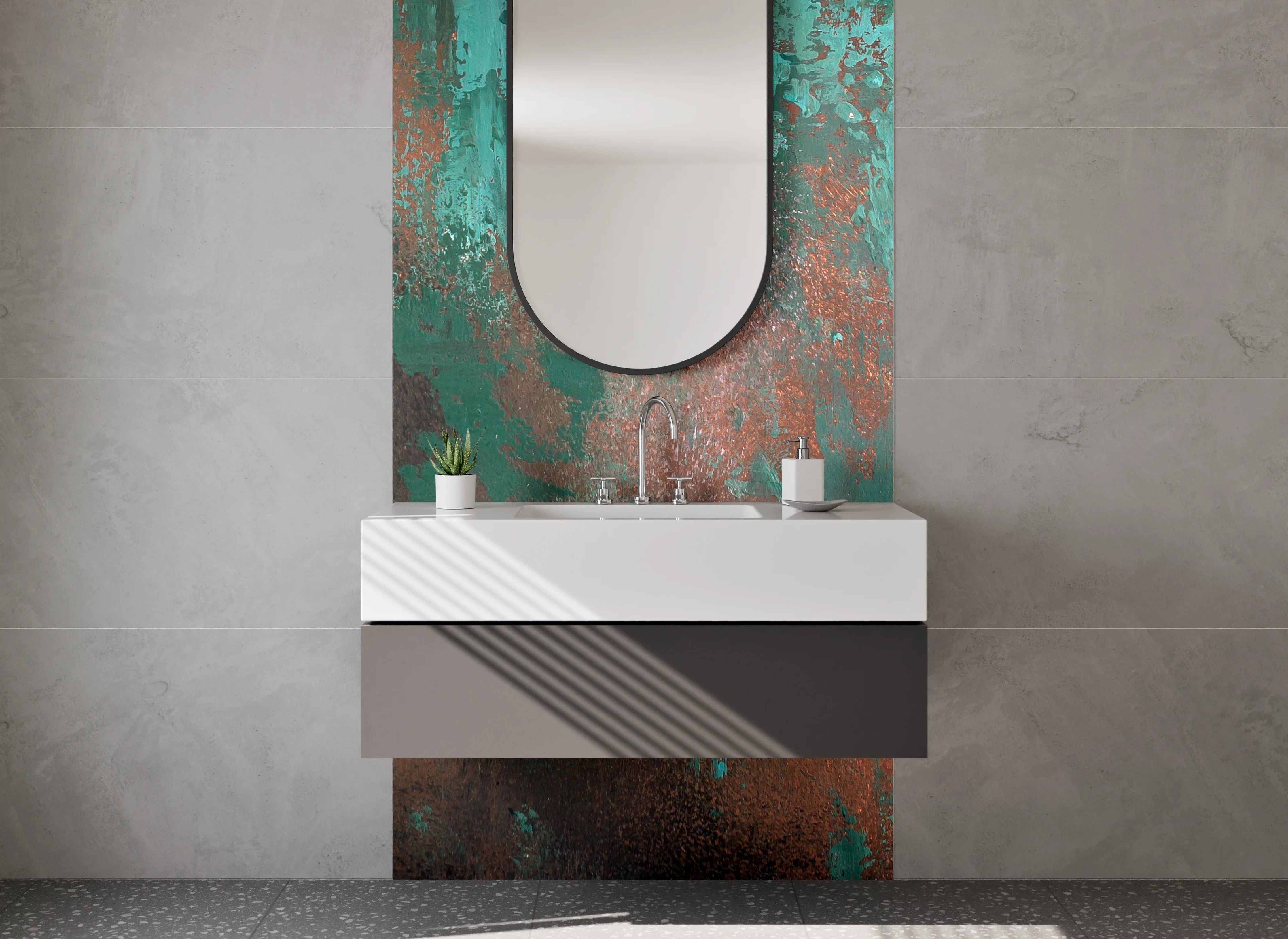 Waschbecken-Rückwand - Abstrakte Patina-Optik Türkis Braun