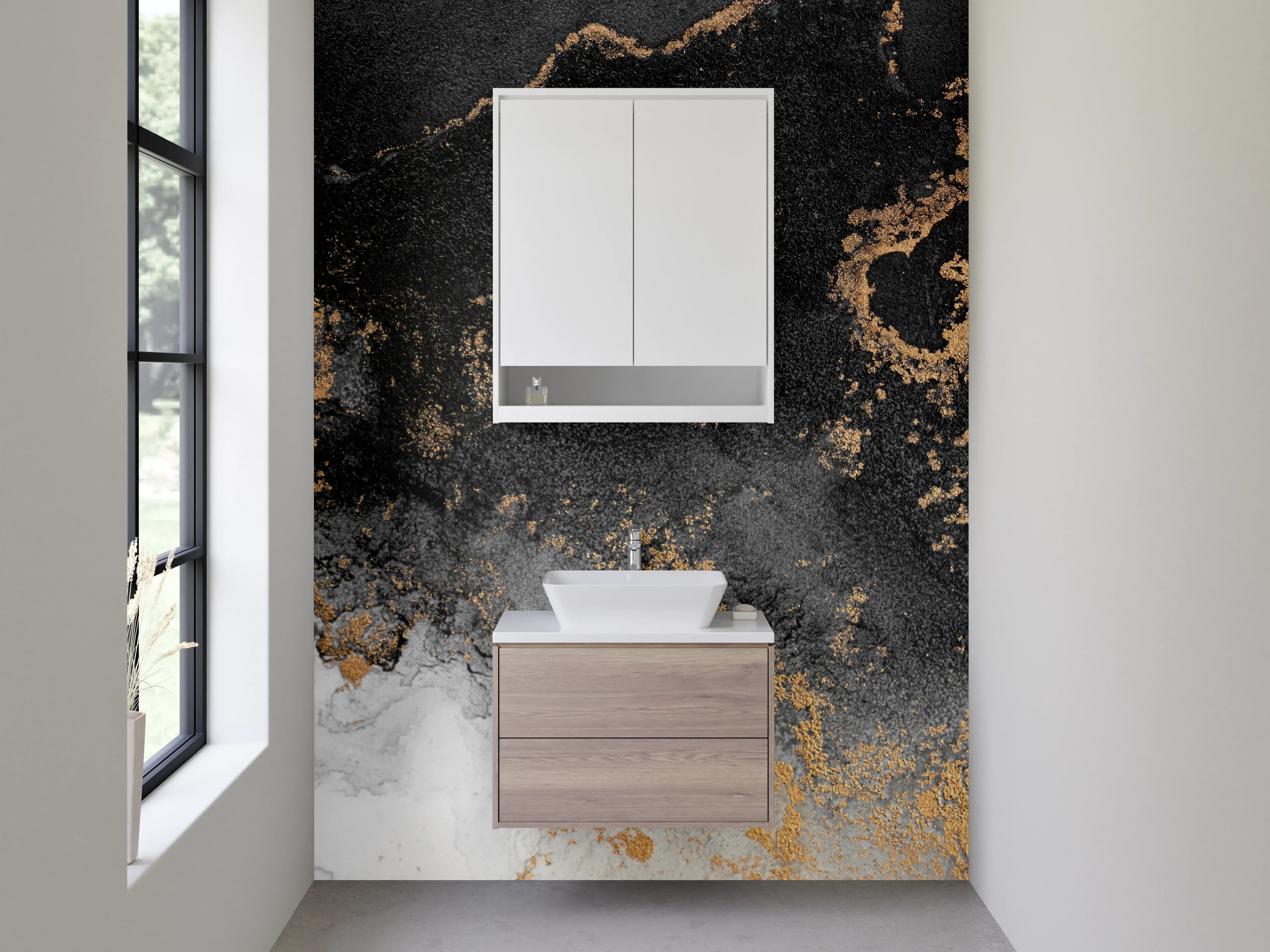 Waschbecken-Rückwand - Abstrakte Schwarz-Gold Marmoroptik