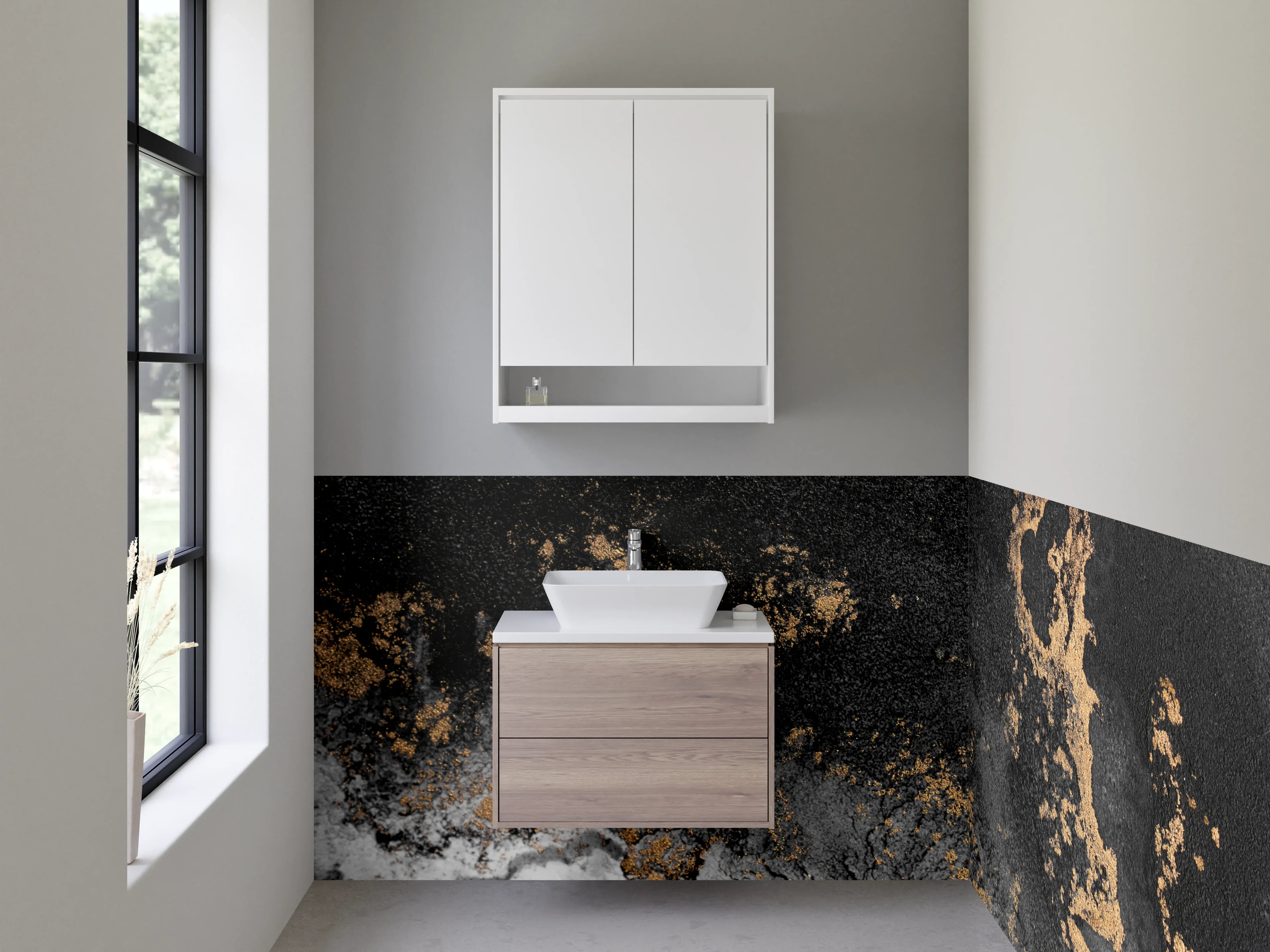 Waschbecken-Rückwand - Abstrakte Schwarz-Gold Marmoroptik