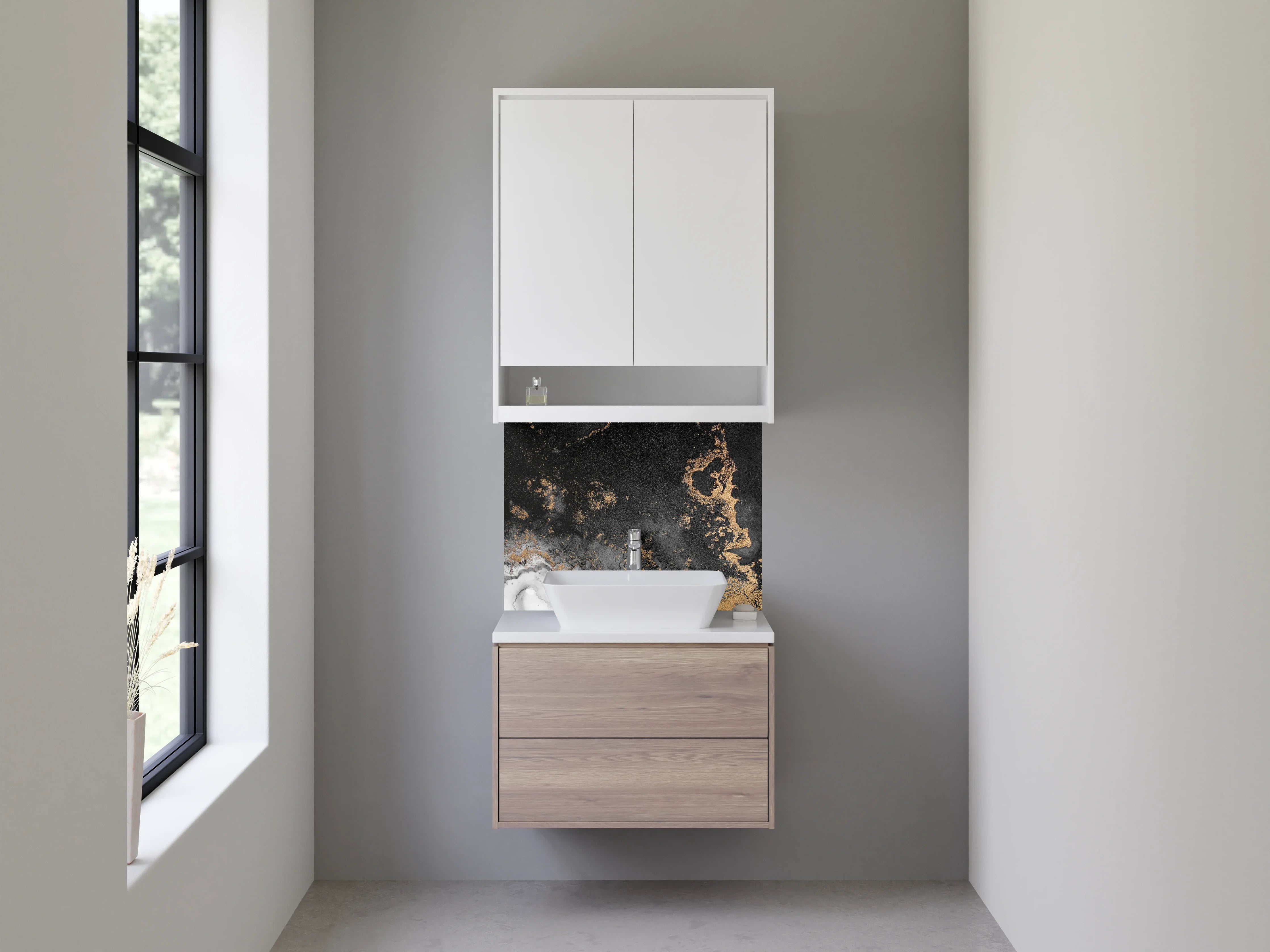 Waschbecken-Rückwand - Abstrakte Schwarz-Gold Marmoroptik