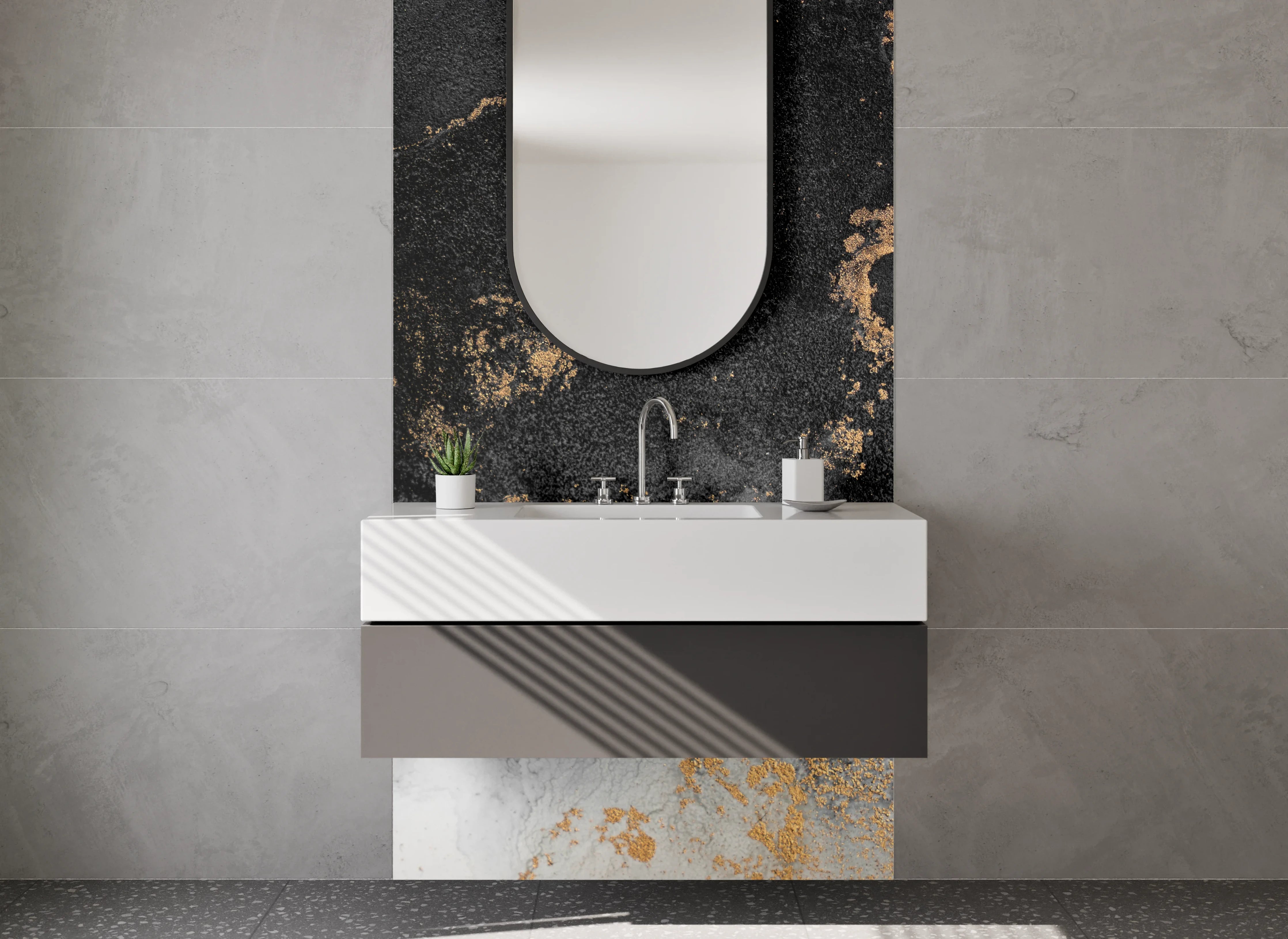 Waschbecken-Rückwand - Abstrakte Schwarz-Gold Marmoroptik