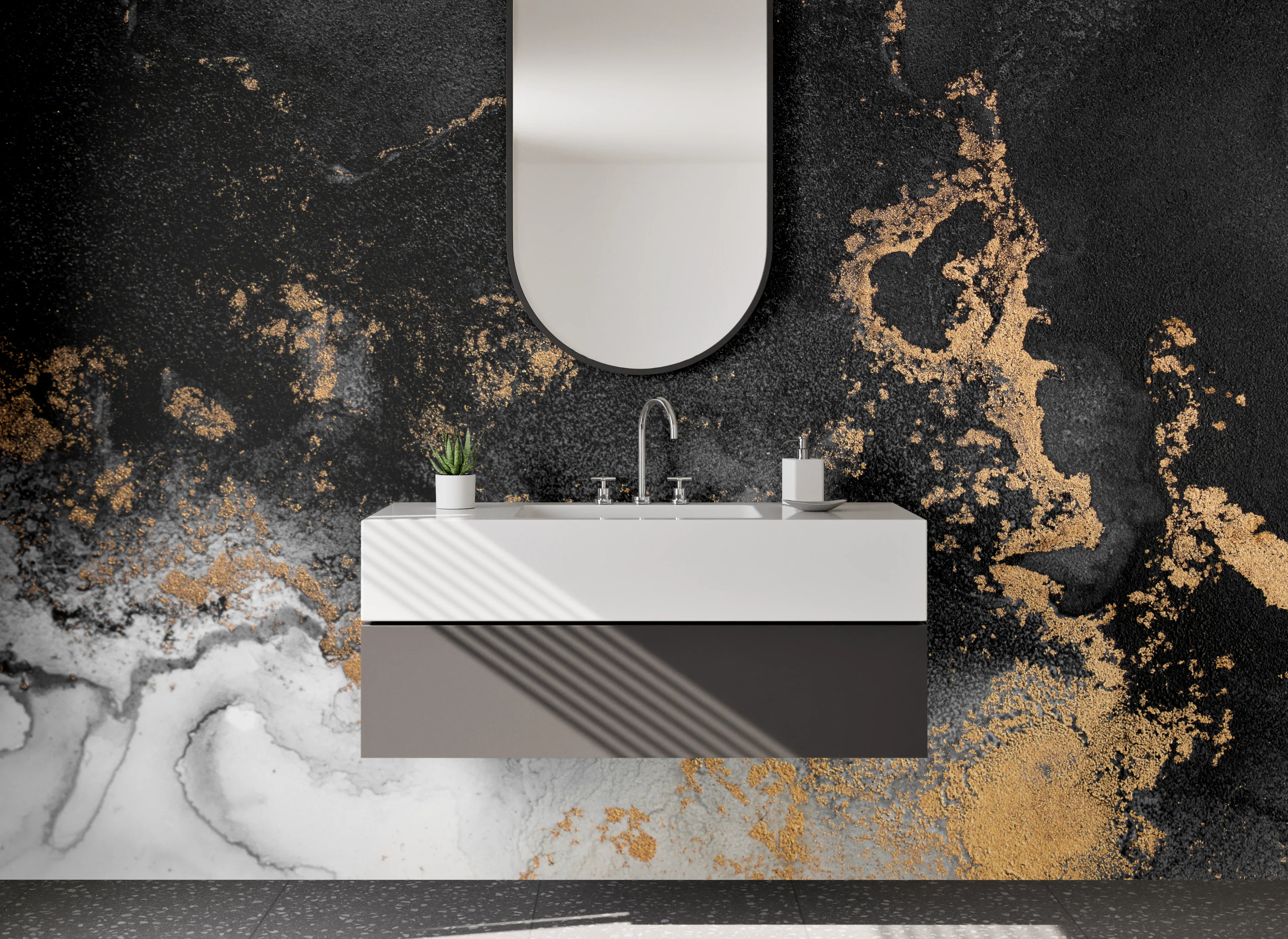Waschbecken-Rückwand - Abstrakte Schwarz-Gold Marmoroptik