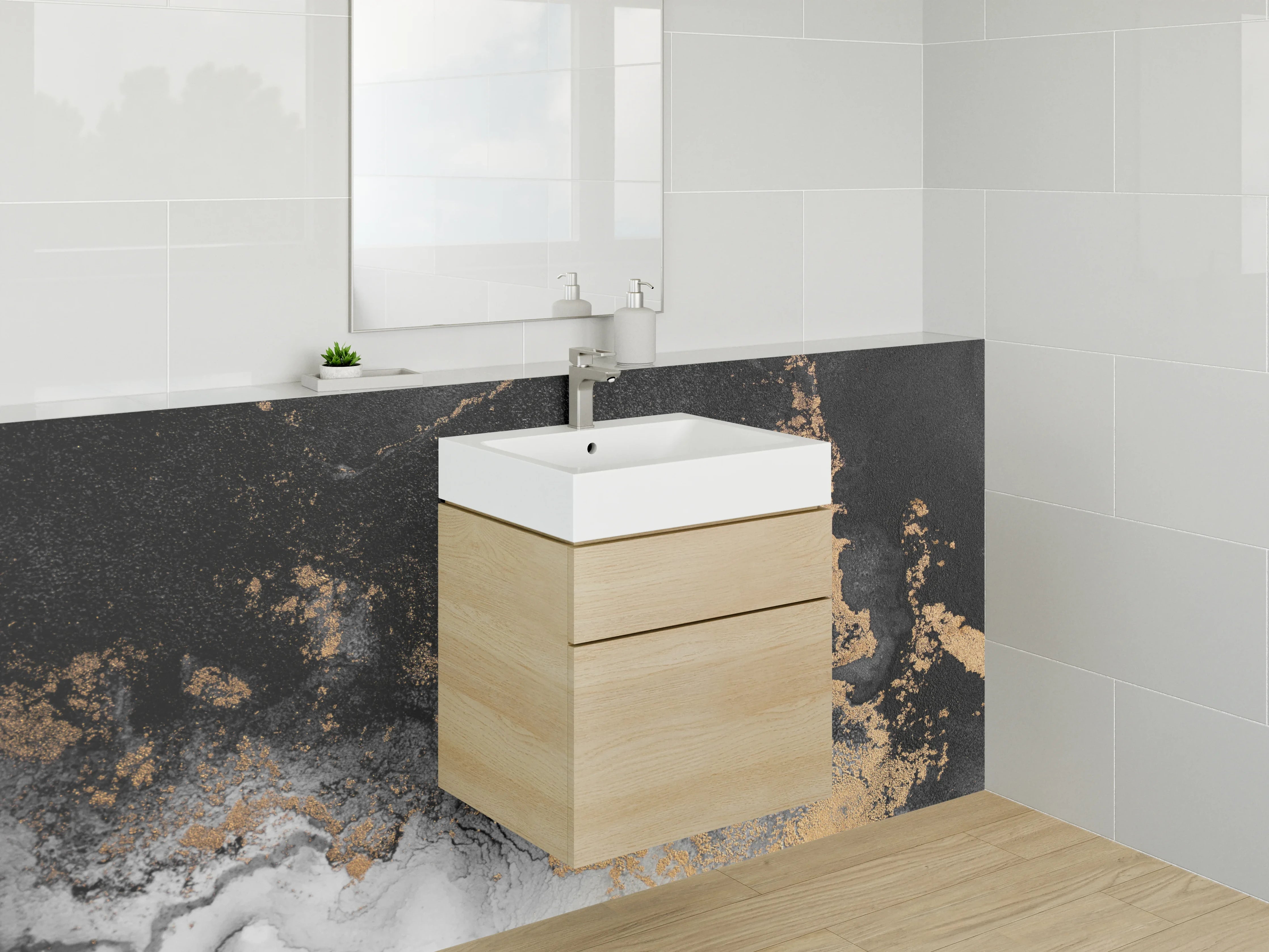 Waschbecken-Rückwand - Abstrakte Schwarz-Gold Marmoroptik