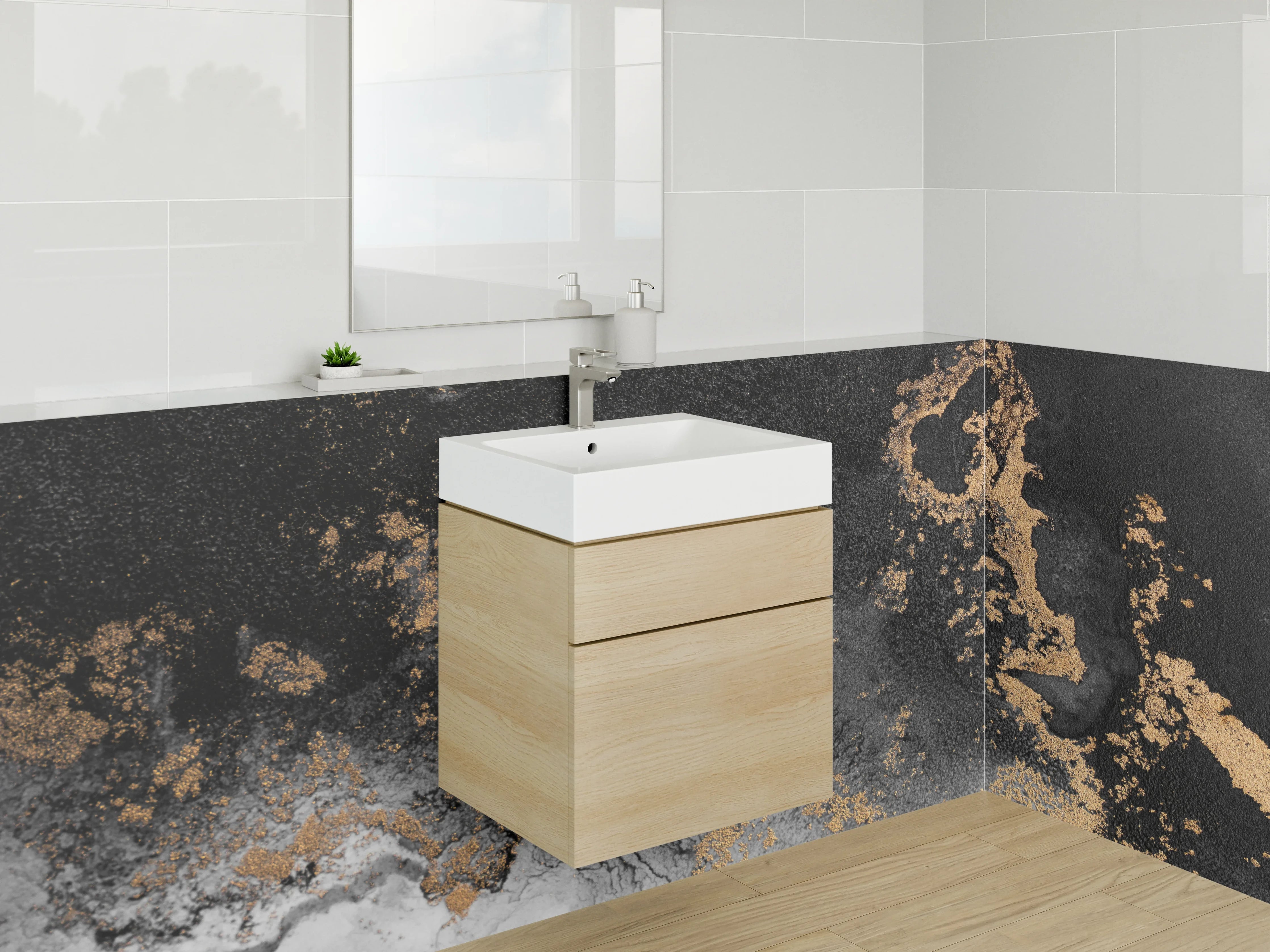 Waschbecken-Rückwand - Abstrakte Schwarz-Gold Marmoroptik