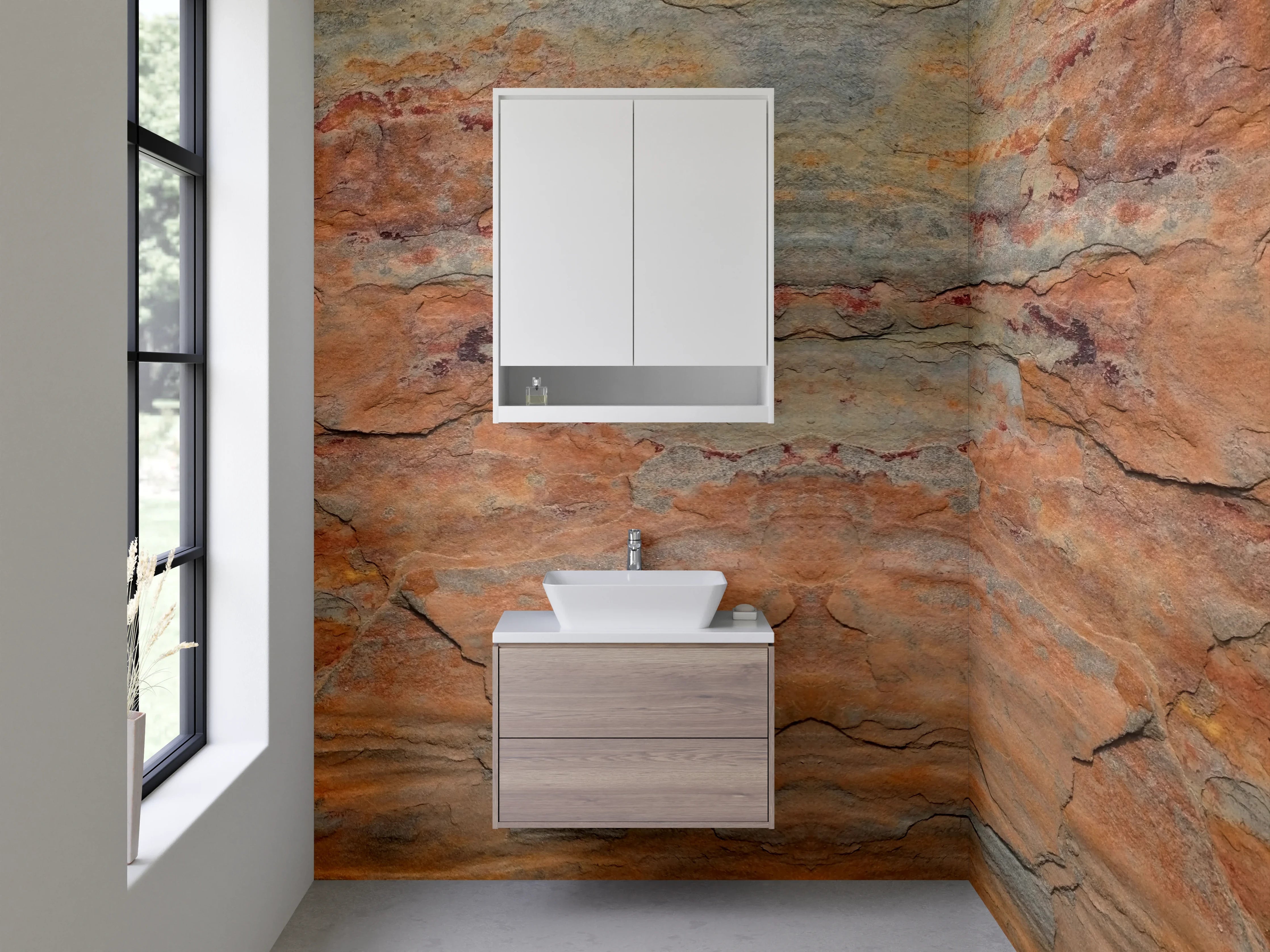 Waschbecken-Rückwand - Abstrakte Steinoptik Orange Braun Grau