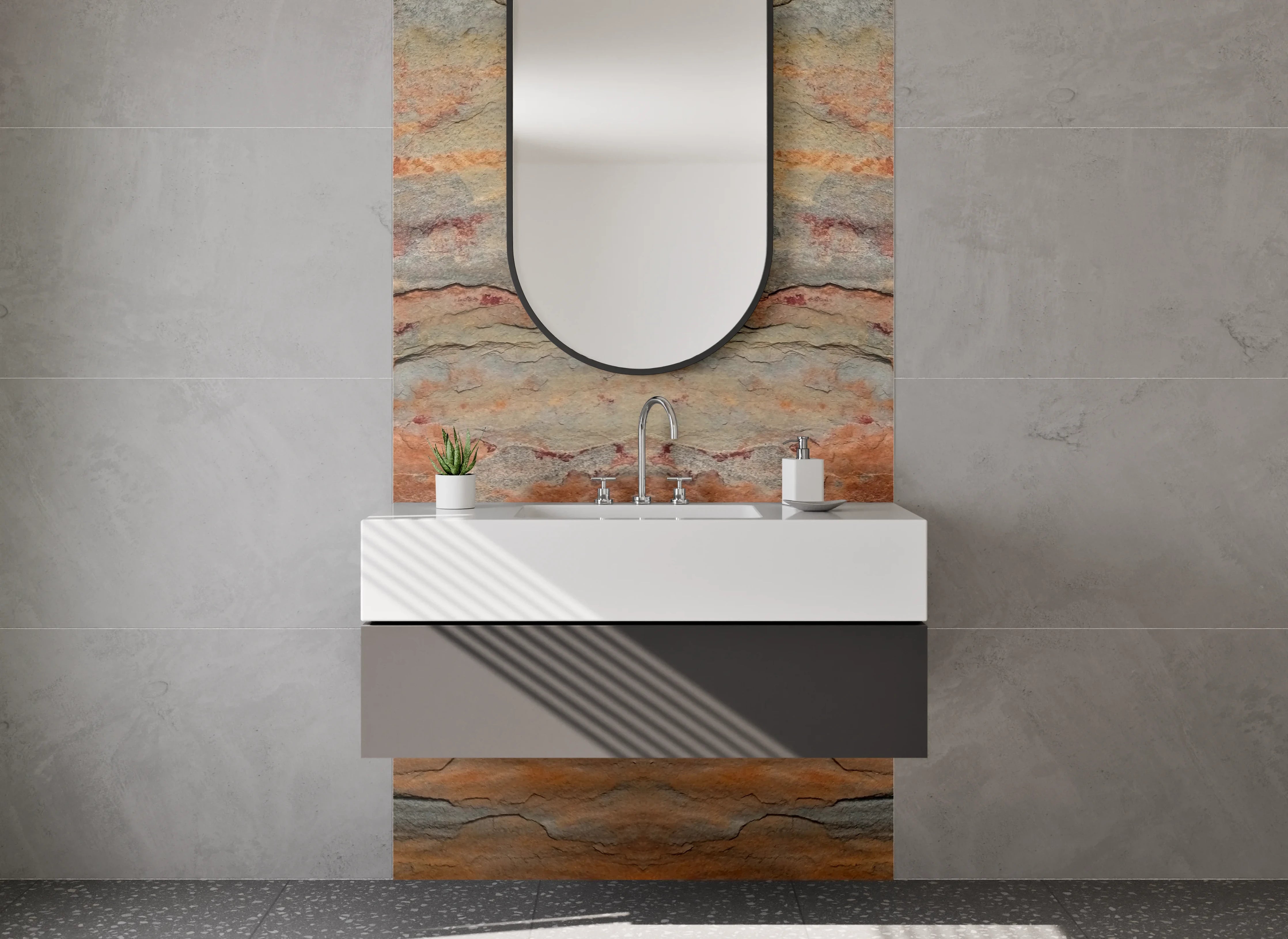 Waschbecken-Rückwand - Abstrakte Steinoptik Orange Braun Grau
