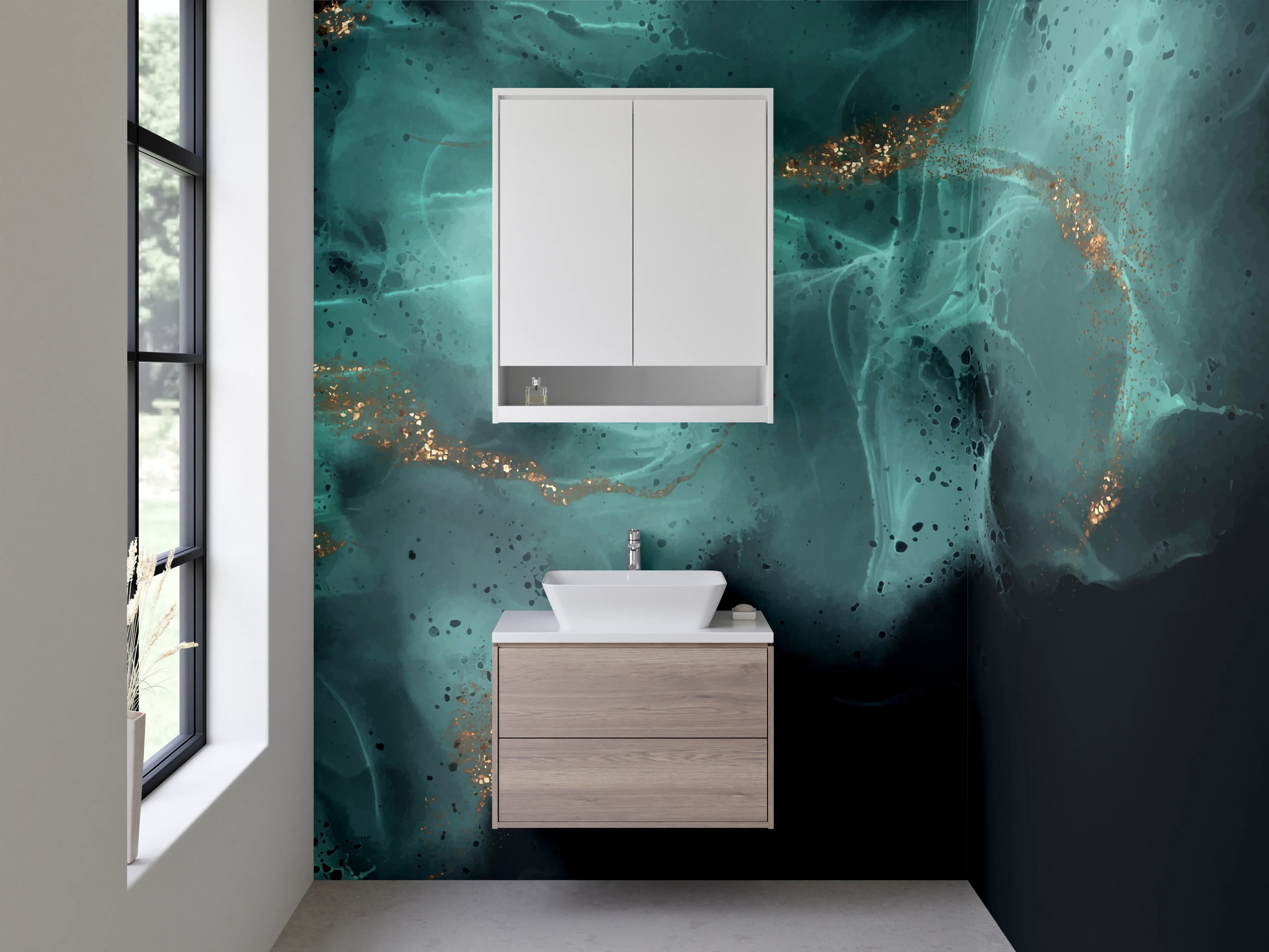 Waschbecken-Rückwand - Abstrakte Türkis-Gold Aquarellstruktur