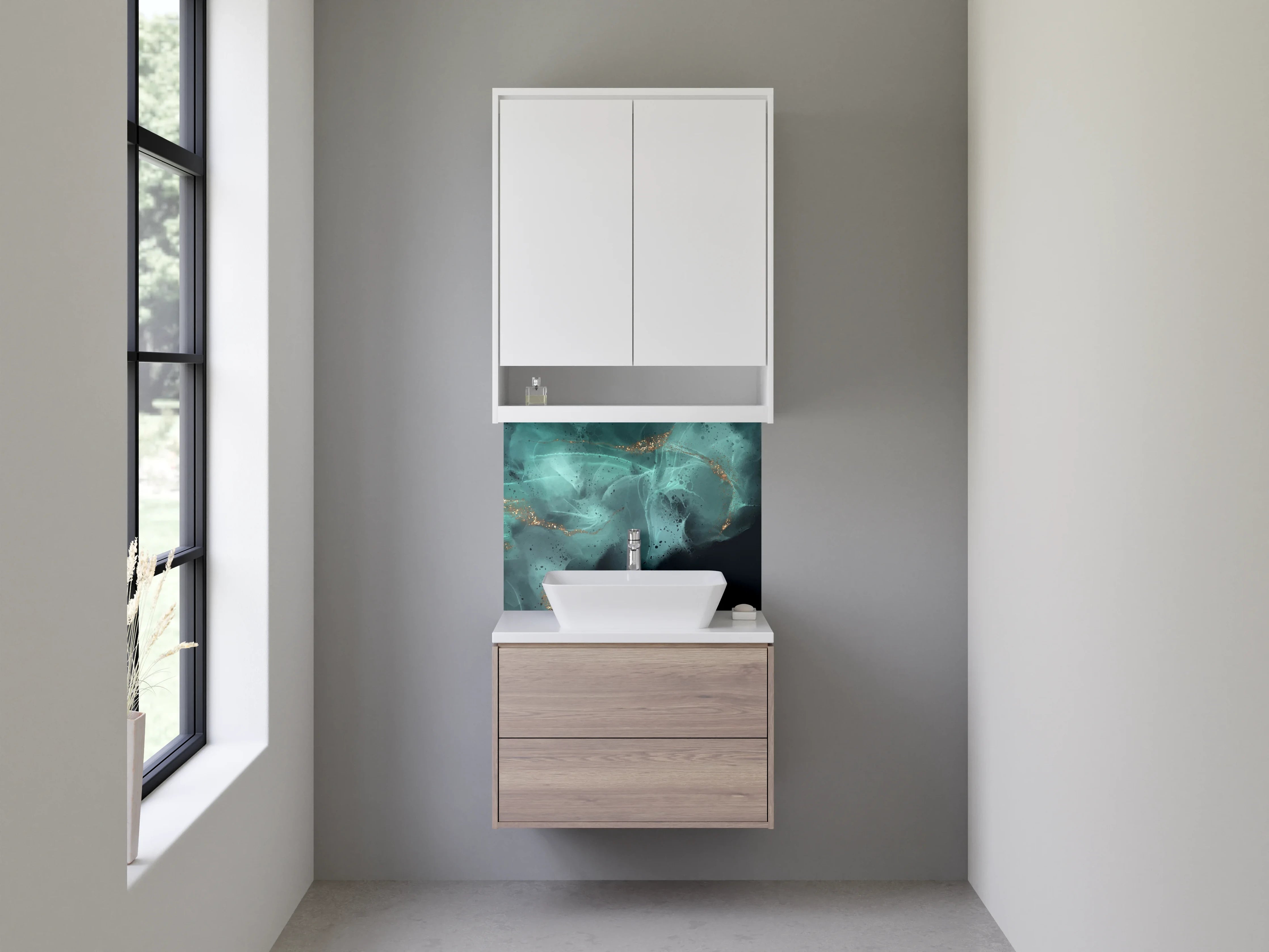 Waschbecken-Rückwand - Abstrakte Türkis-Gold Aquarellstruktur