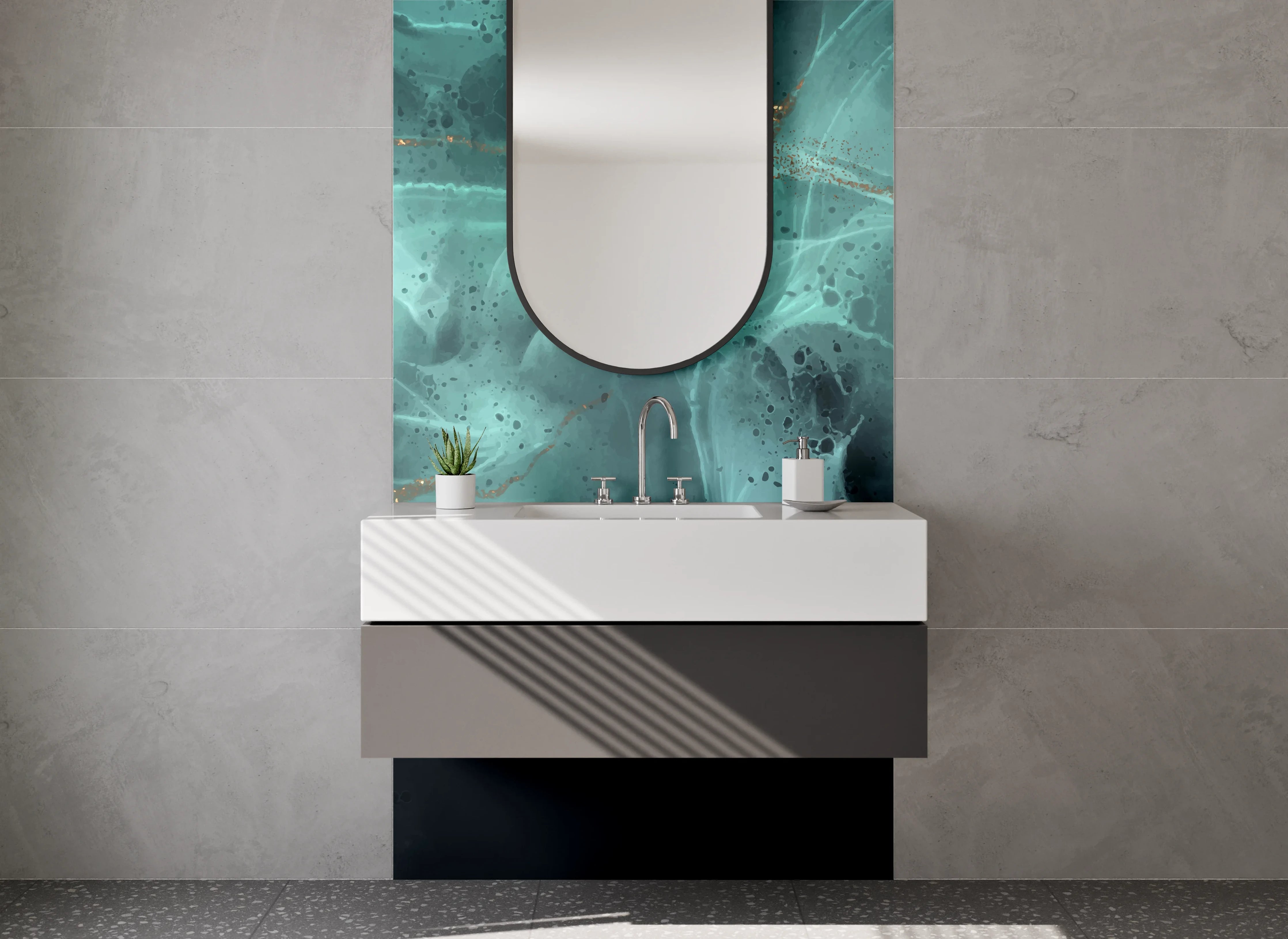 Waschbecken-Rückwand - Abstrakte Türkis-Gold Aquarellstruktur