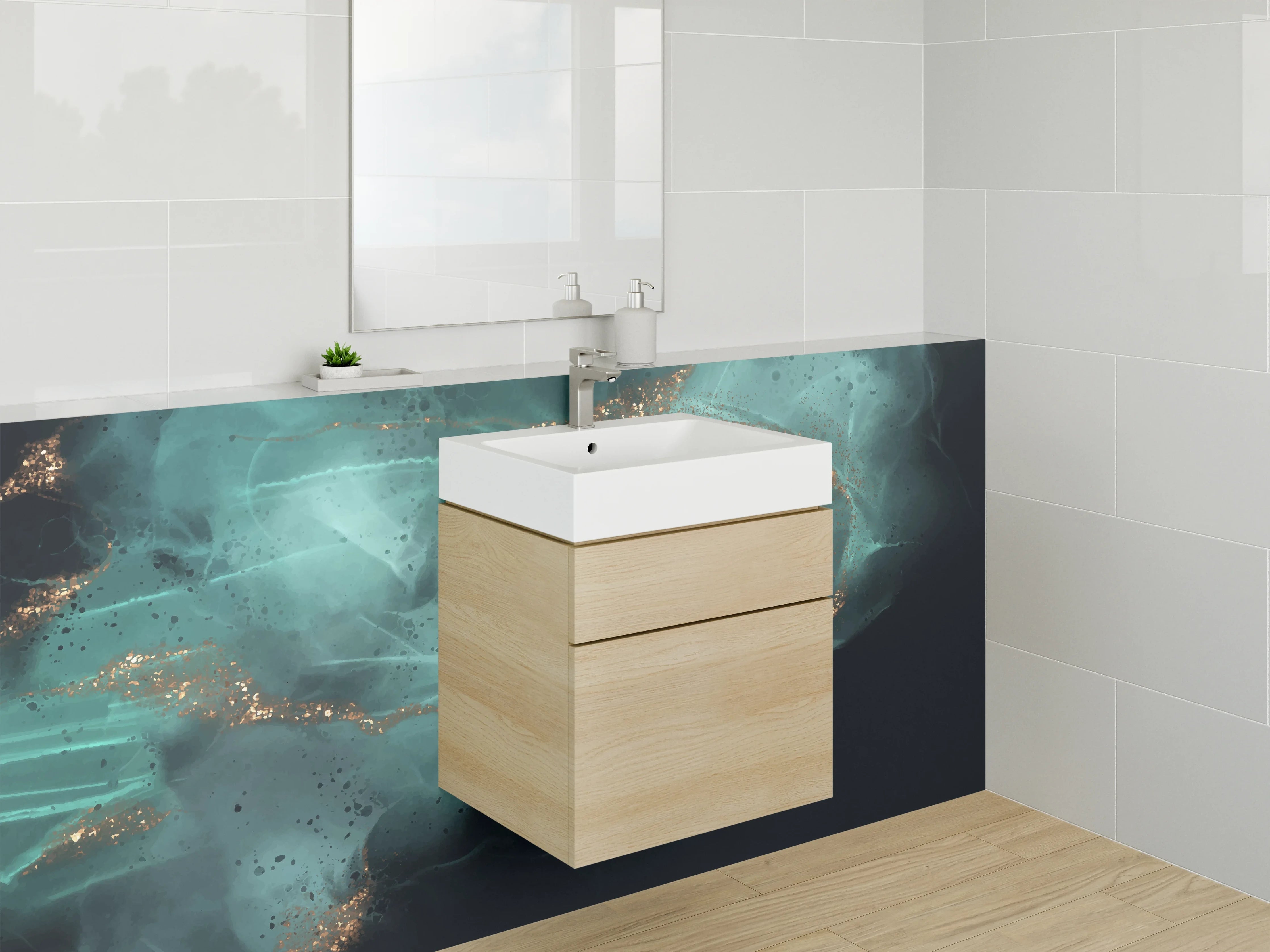 Waschbecken-Rückwand - Abstrakte Türkis-Gold Aquarellstruktur