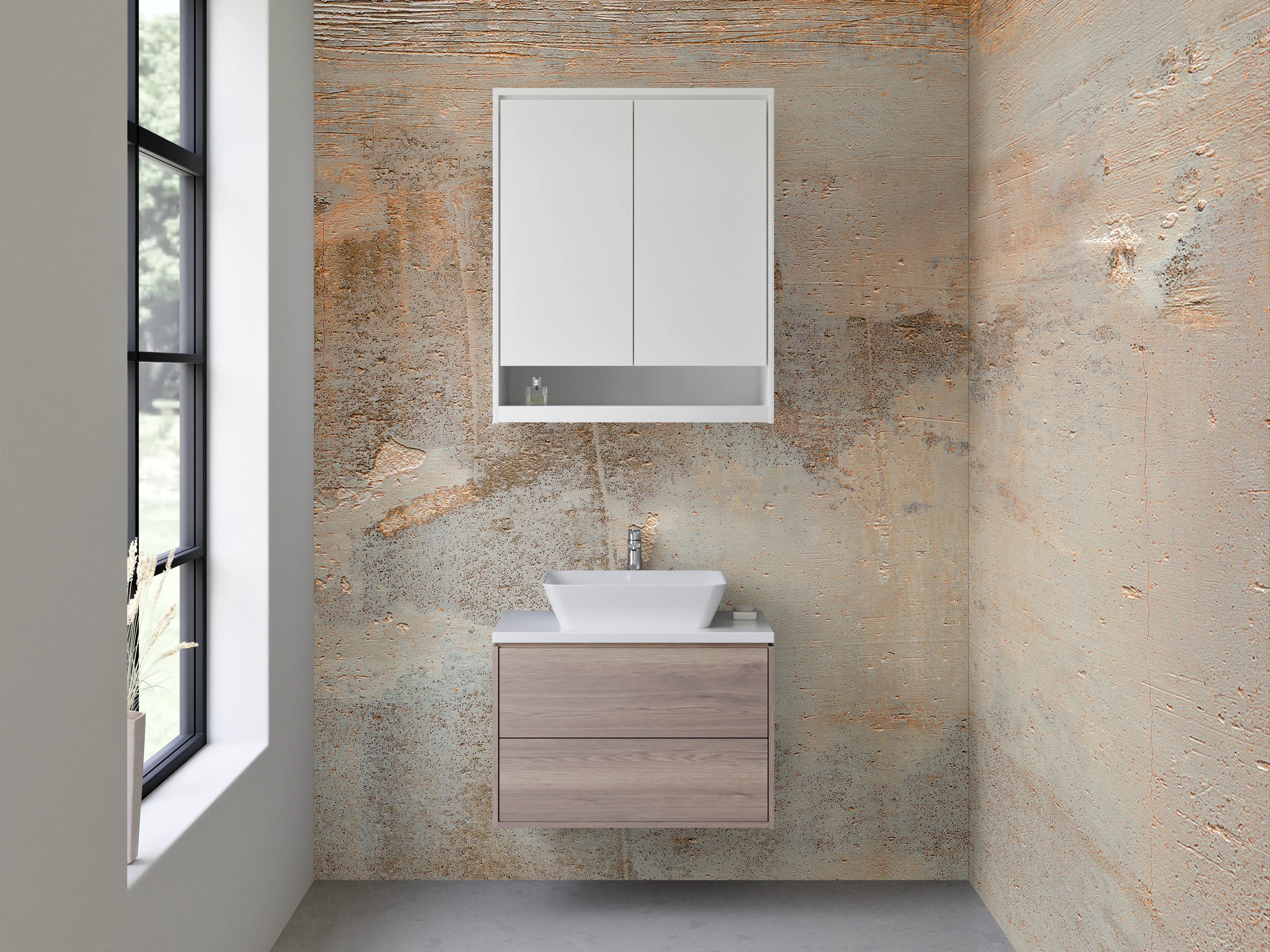 Waschbecken-Rückwand - Abstrakte Wandgestaltung mit Beige- und Grautönen