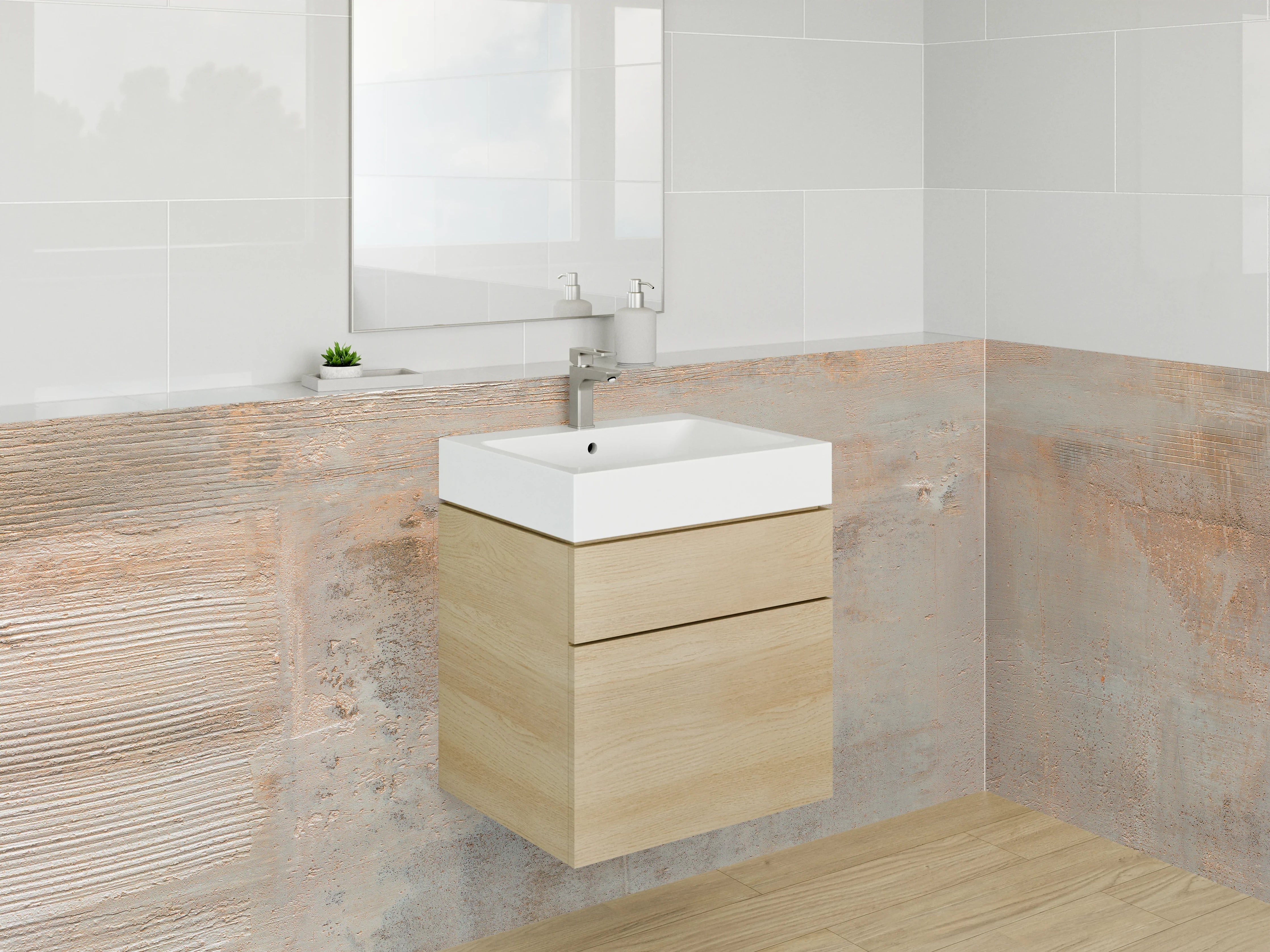 Waschbecken-Rückwand - Abstrakte Wandgestaltung mit Beige- und Grautönen