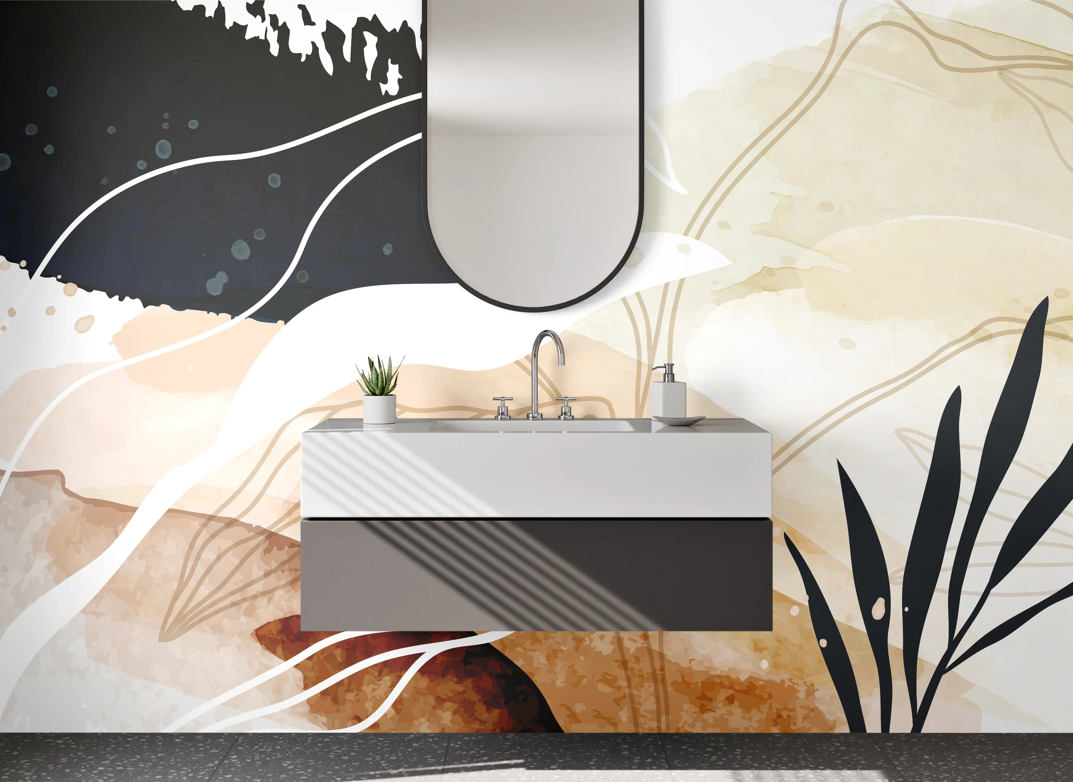 Waschbecken-Rückwand - Abstrakte Wasserfarben-Illustration in Erdtönen