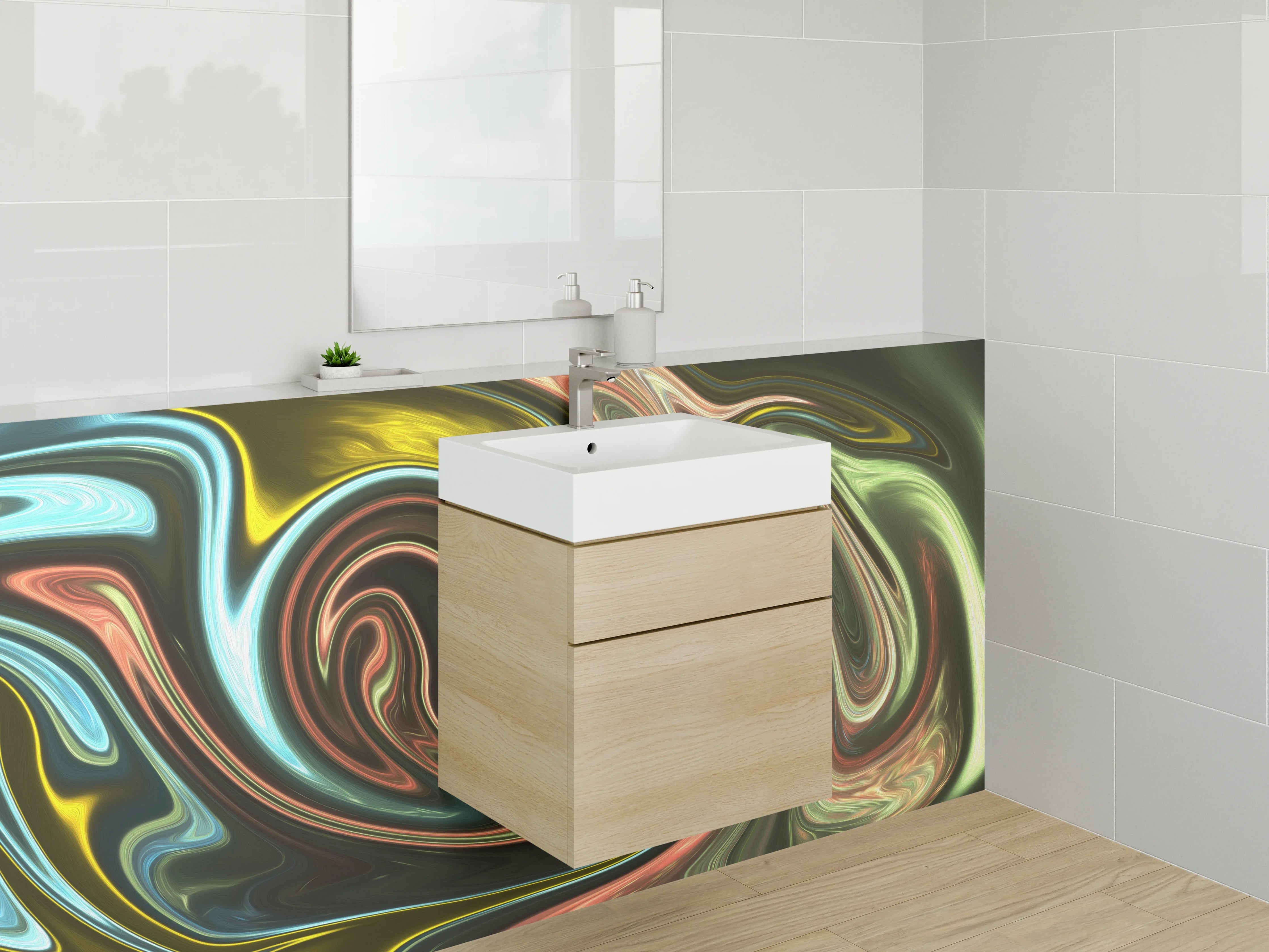 Waschbecken-Rückwand - Abstrakte Wellen Farbmix Kunst Design