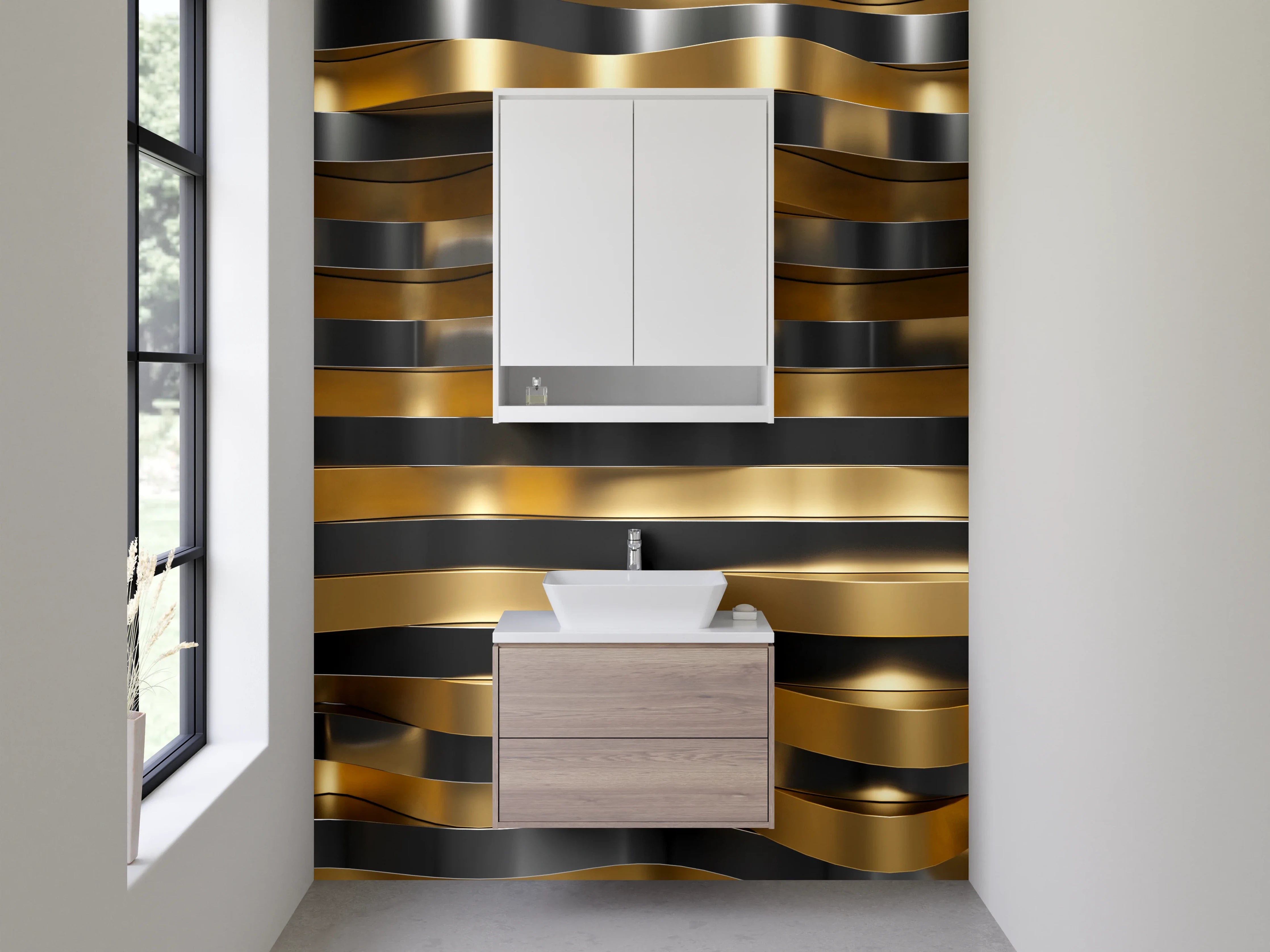 Waschbecken-Rückwand - Abstrakte Wellen aus Gold und Silber