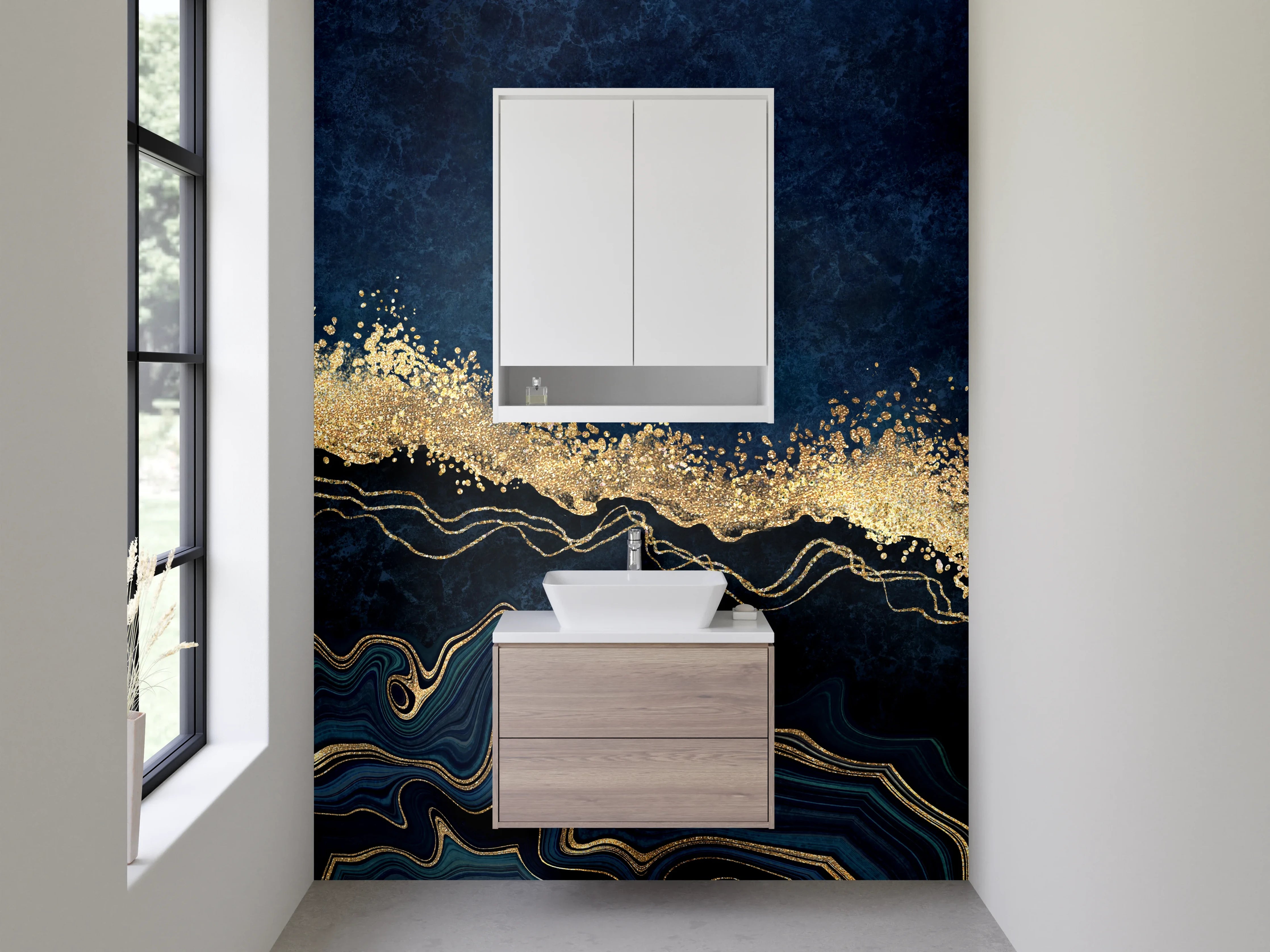 Waschbecken-Rückwand - Abstrakte Wellen in Blau und Gold