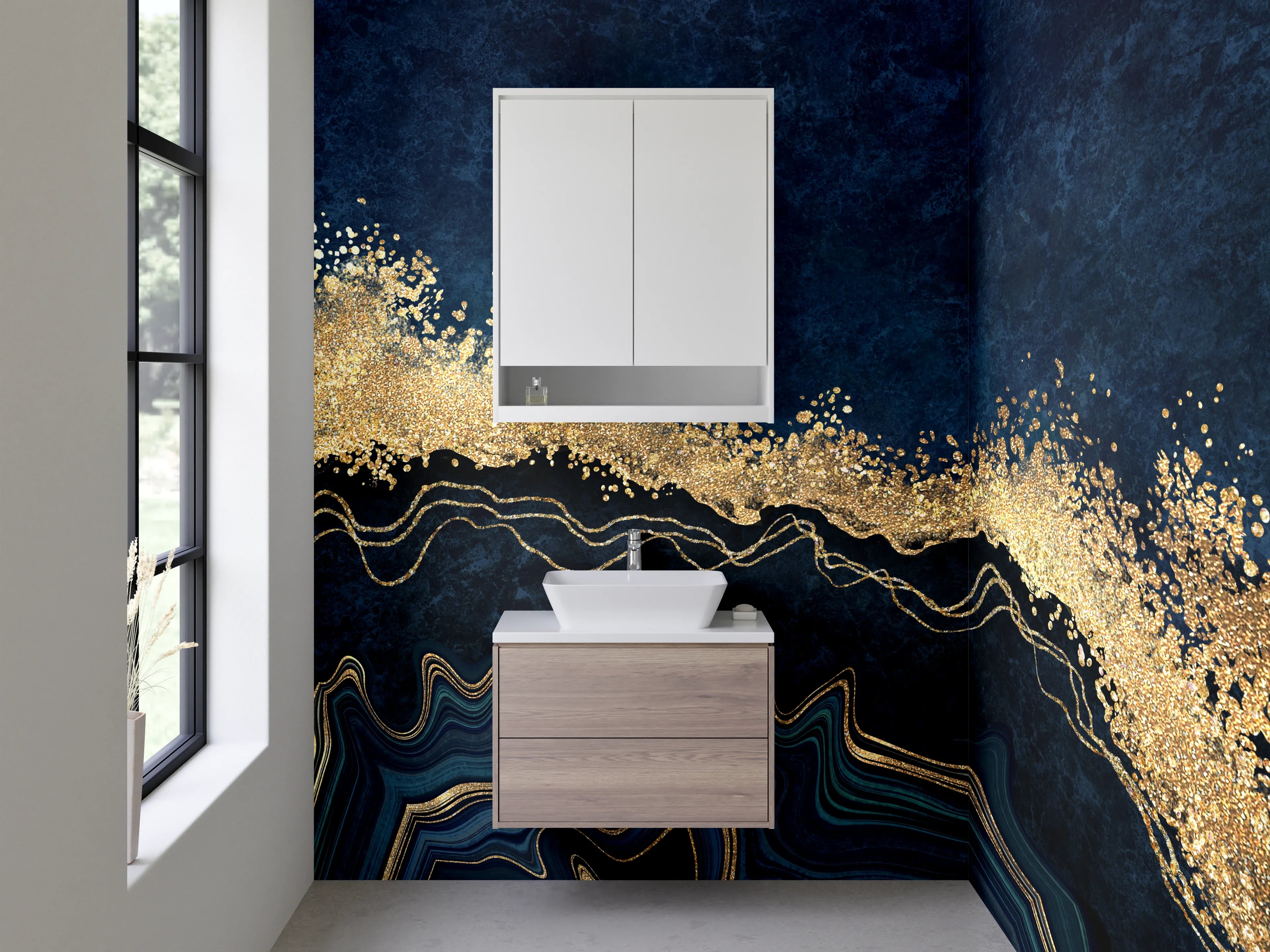 Waschbecken-Rückwand - Abstrakte Wellen in Blau und Gold