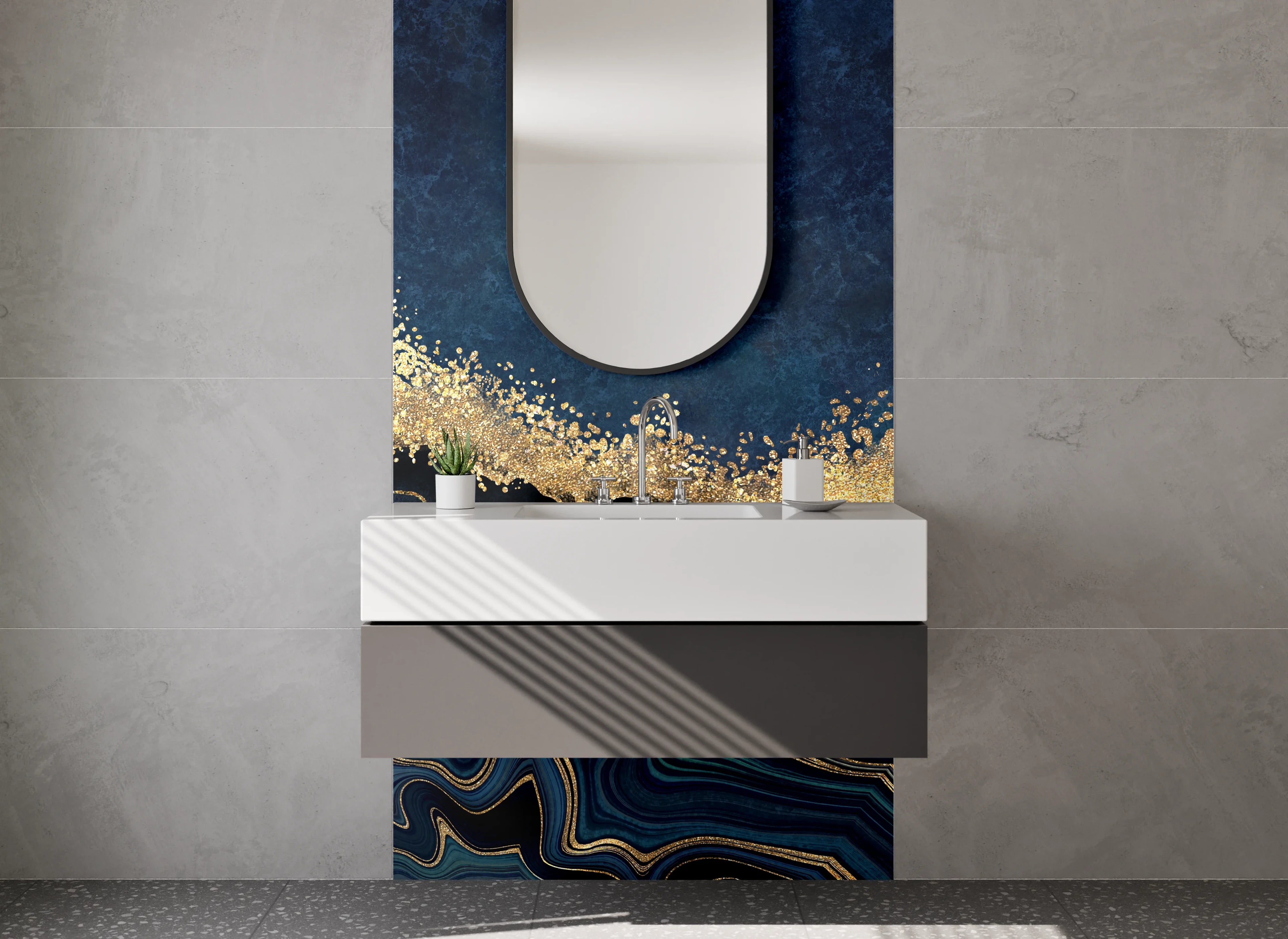 Waschbecken-Rückwand - Abstrakte Wellen in Blau und Gold