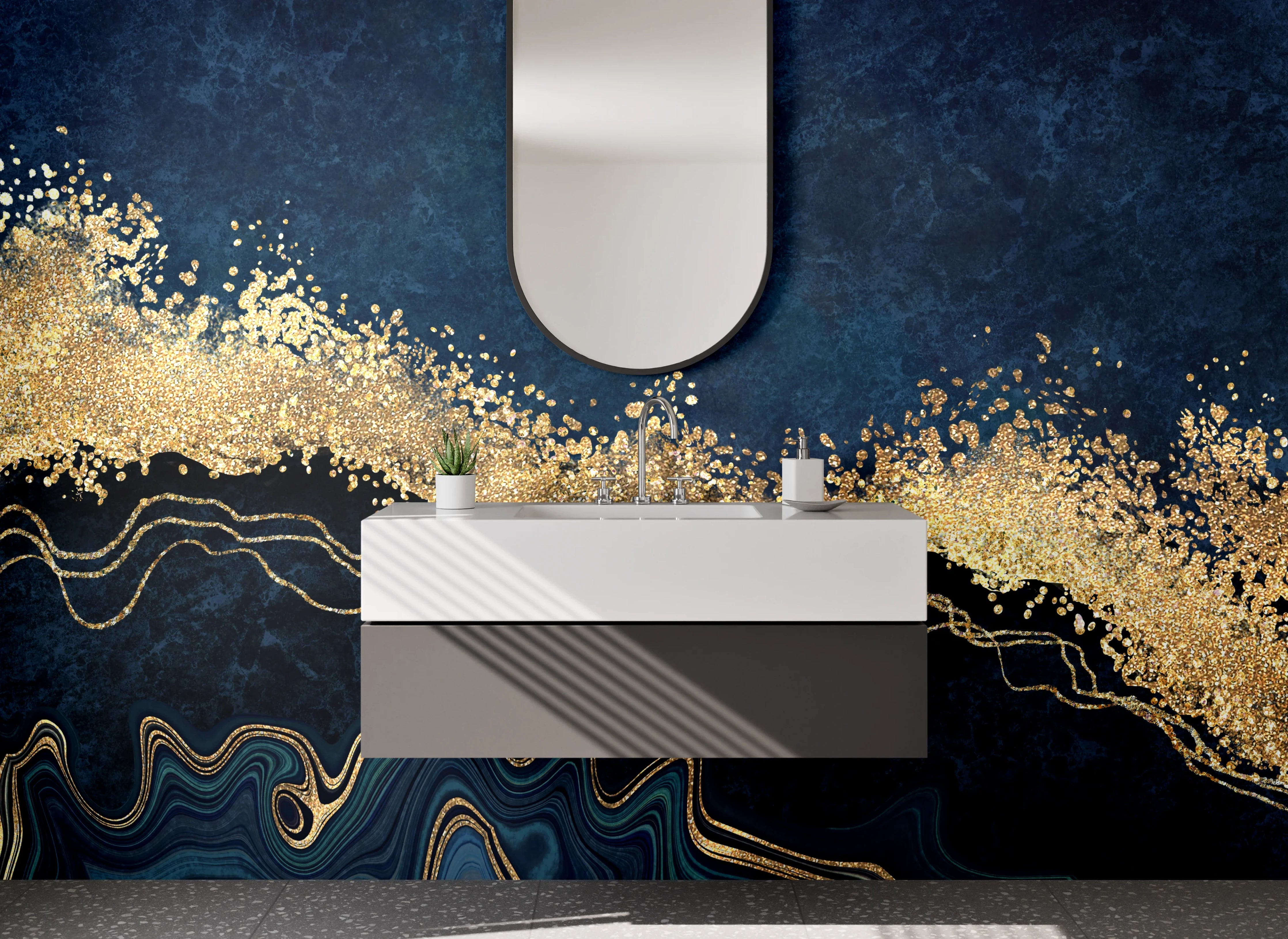 Waschbecken-Rückwand - Abstrakte Wellen in Blau und Gold