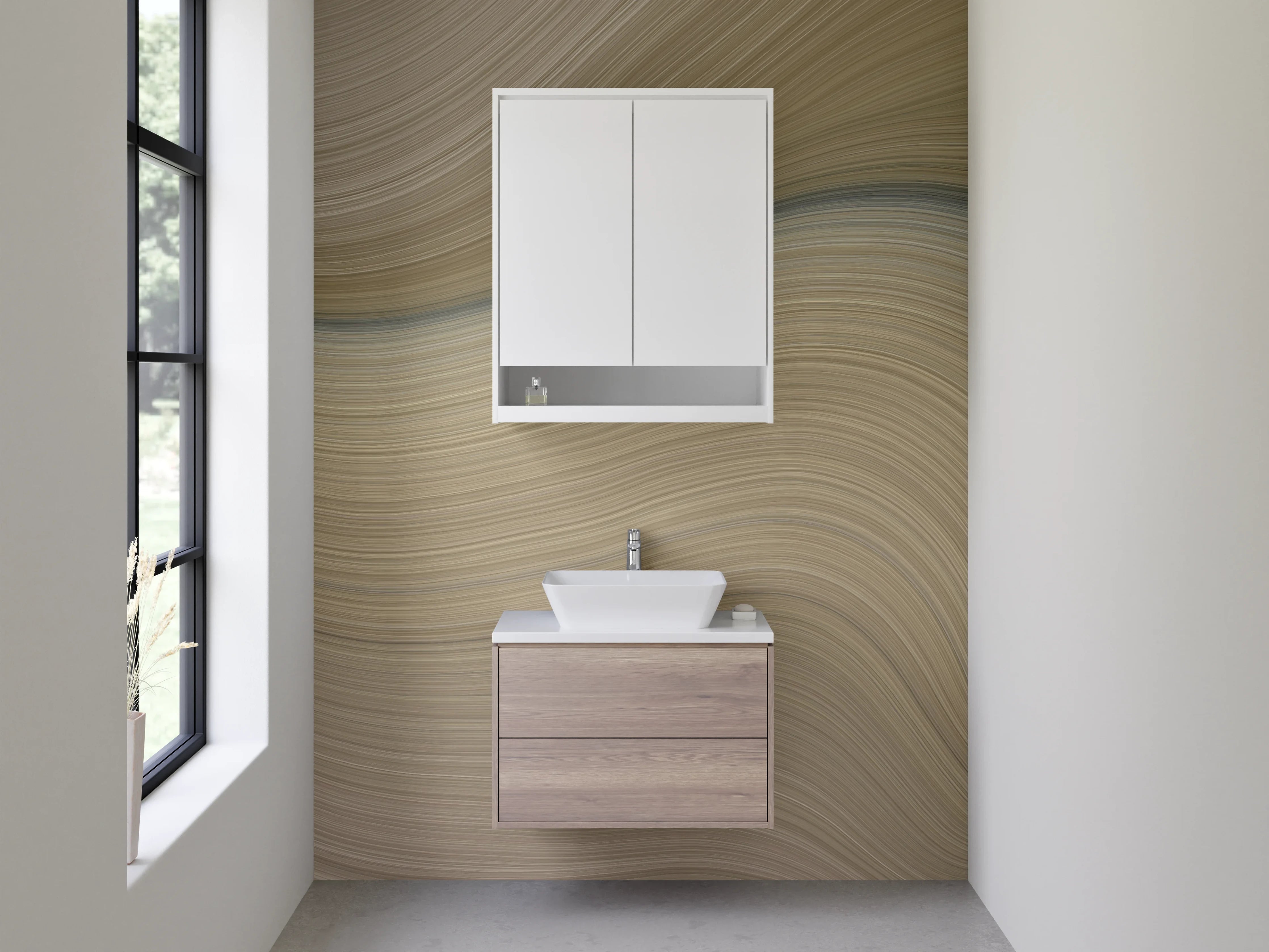 Waschbecken-Rückwand - Abstrakte Wellenstruktur in Beige und Grau