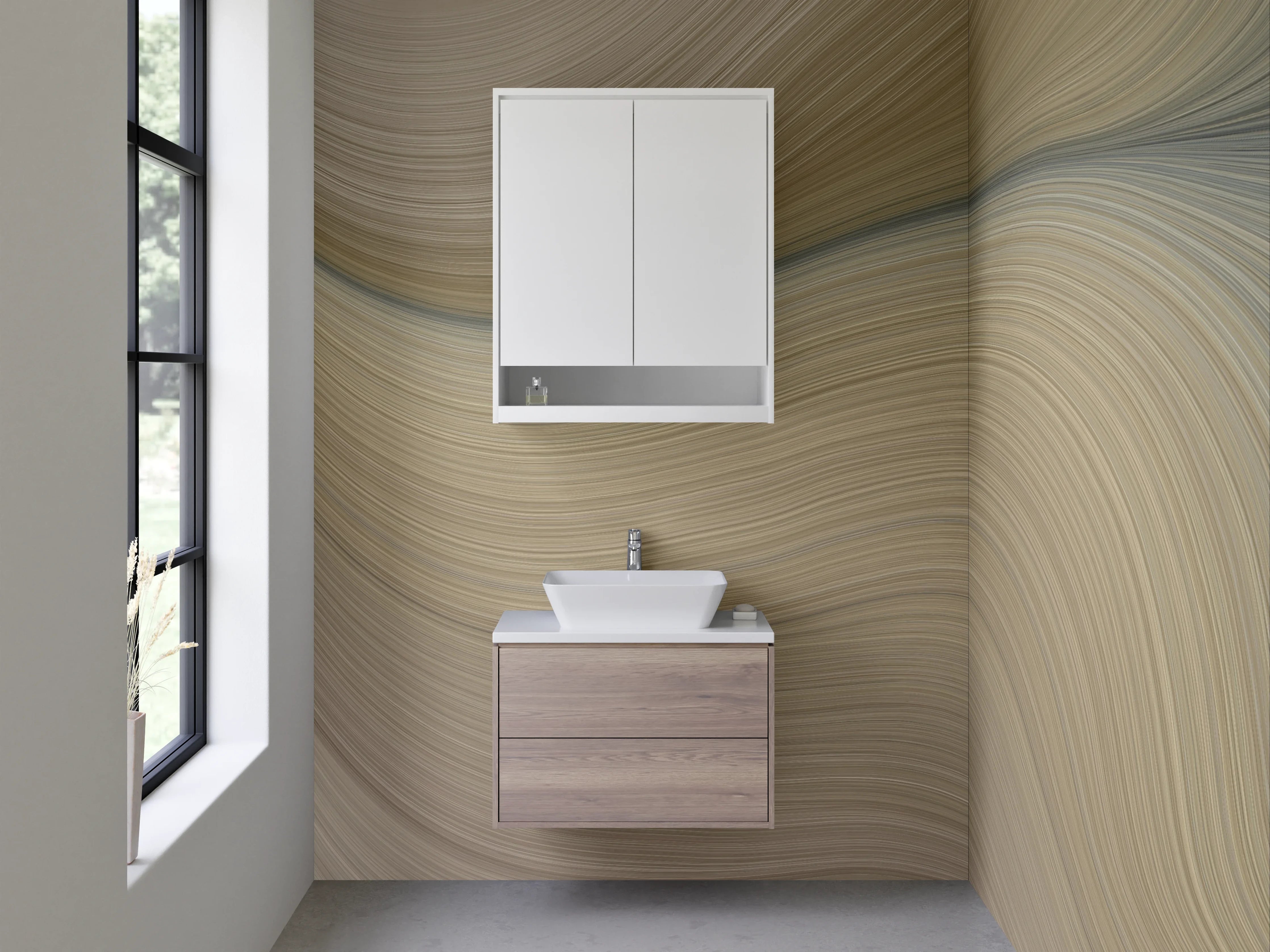 Waschbecken-Rückwand - Abstrakte Wellenstruktur in Beige und Grau