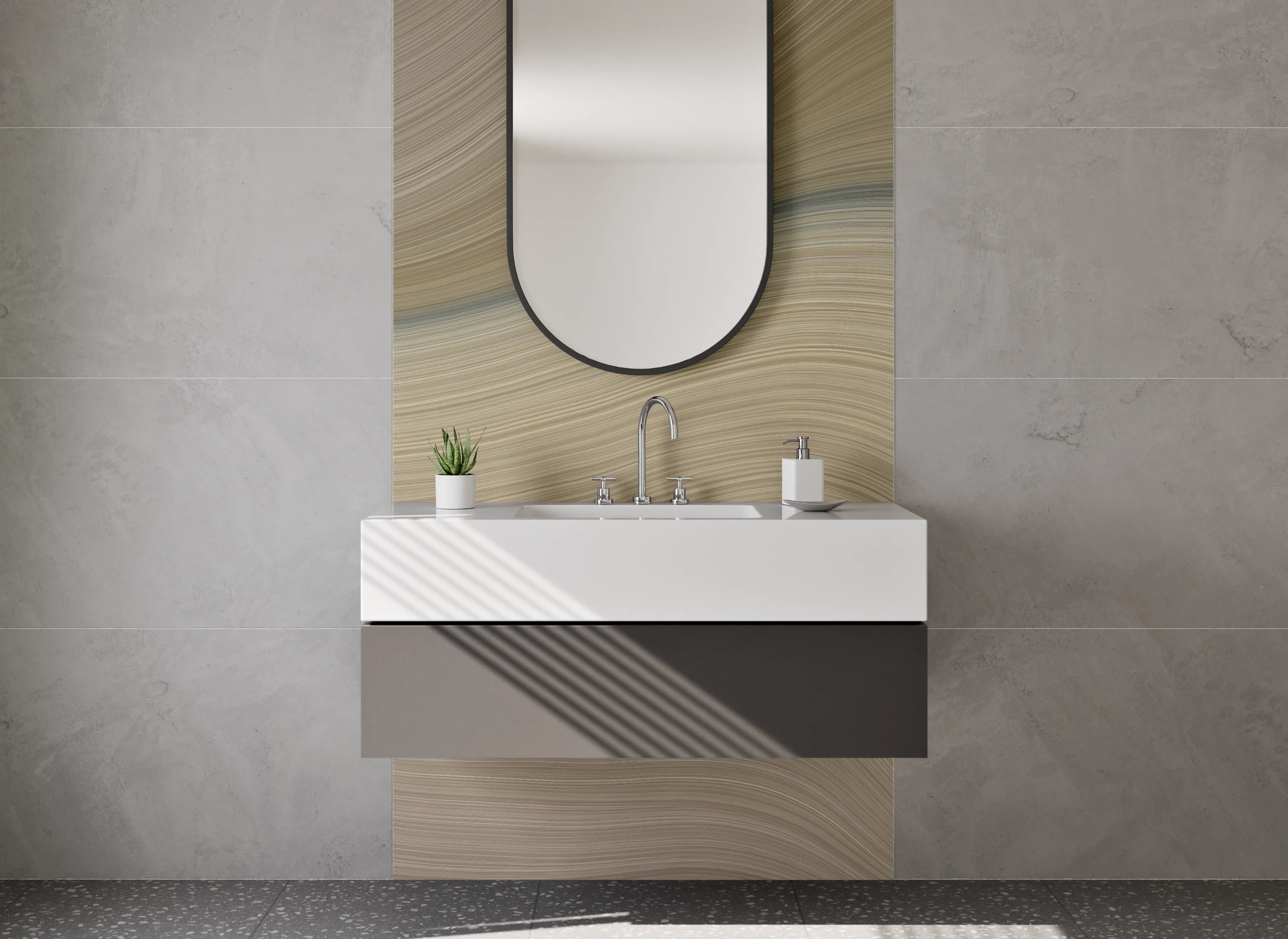 Waschbecken-Rückwand - Abstrakte Wellenstruktur in Beige und Grau