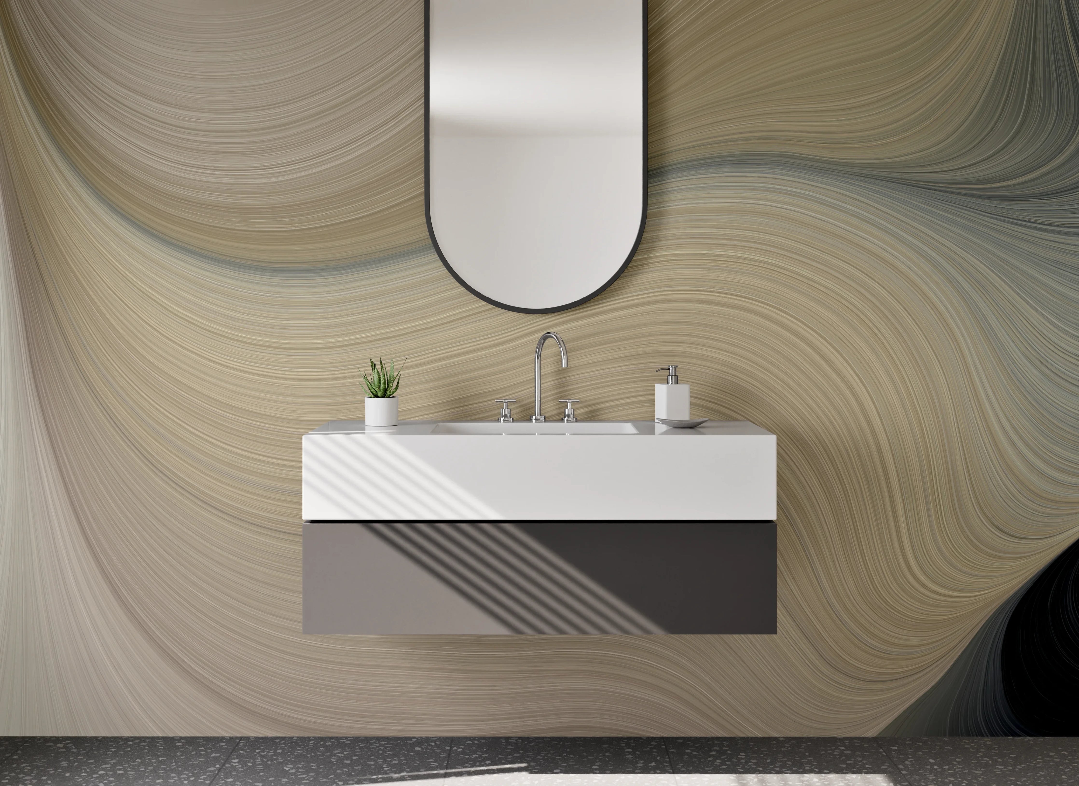 Waschbecken-Rückwand - Abstrakte Wellenstruktur in Beige und Grau