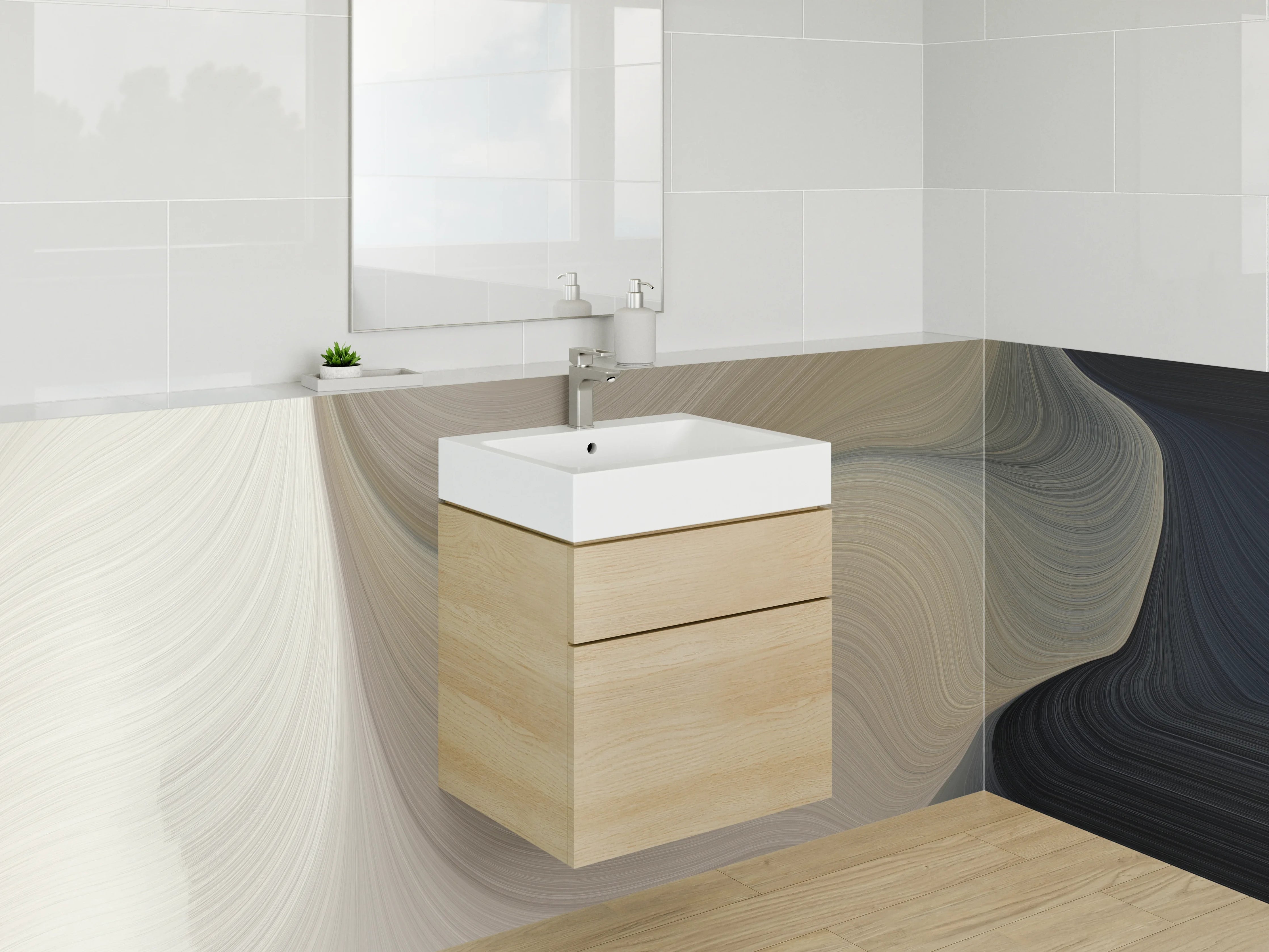Waschbecken-Rückwand - Abstrakte Wellenstruktur in Beige und Grau