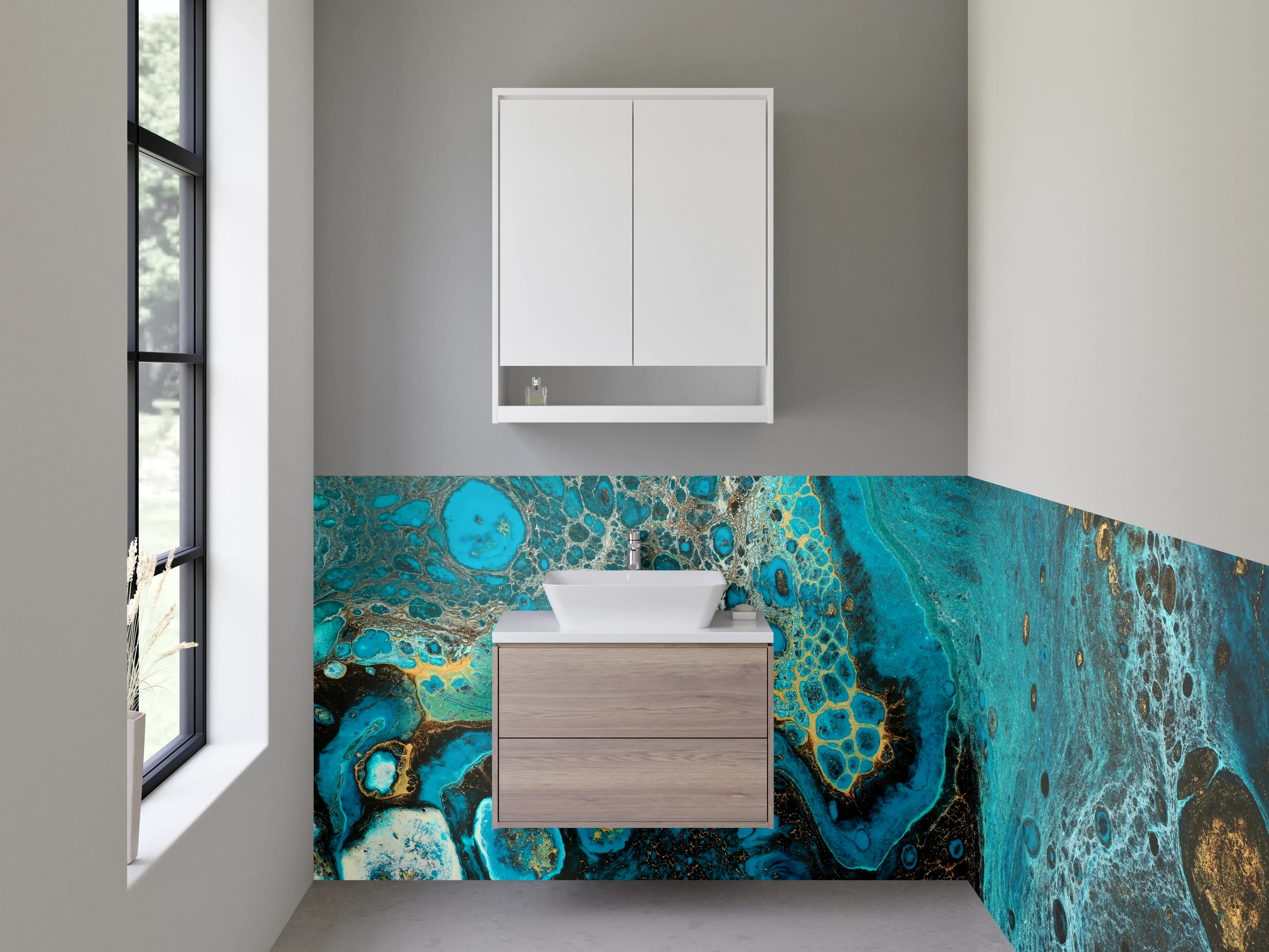 Waschbecken-Rückwand - Abstrakte blau-goldene Marmorstruktur