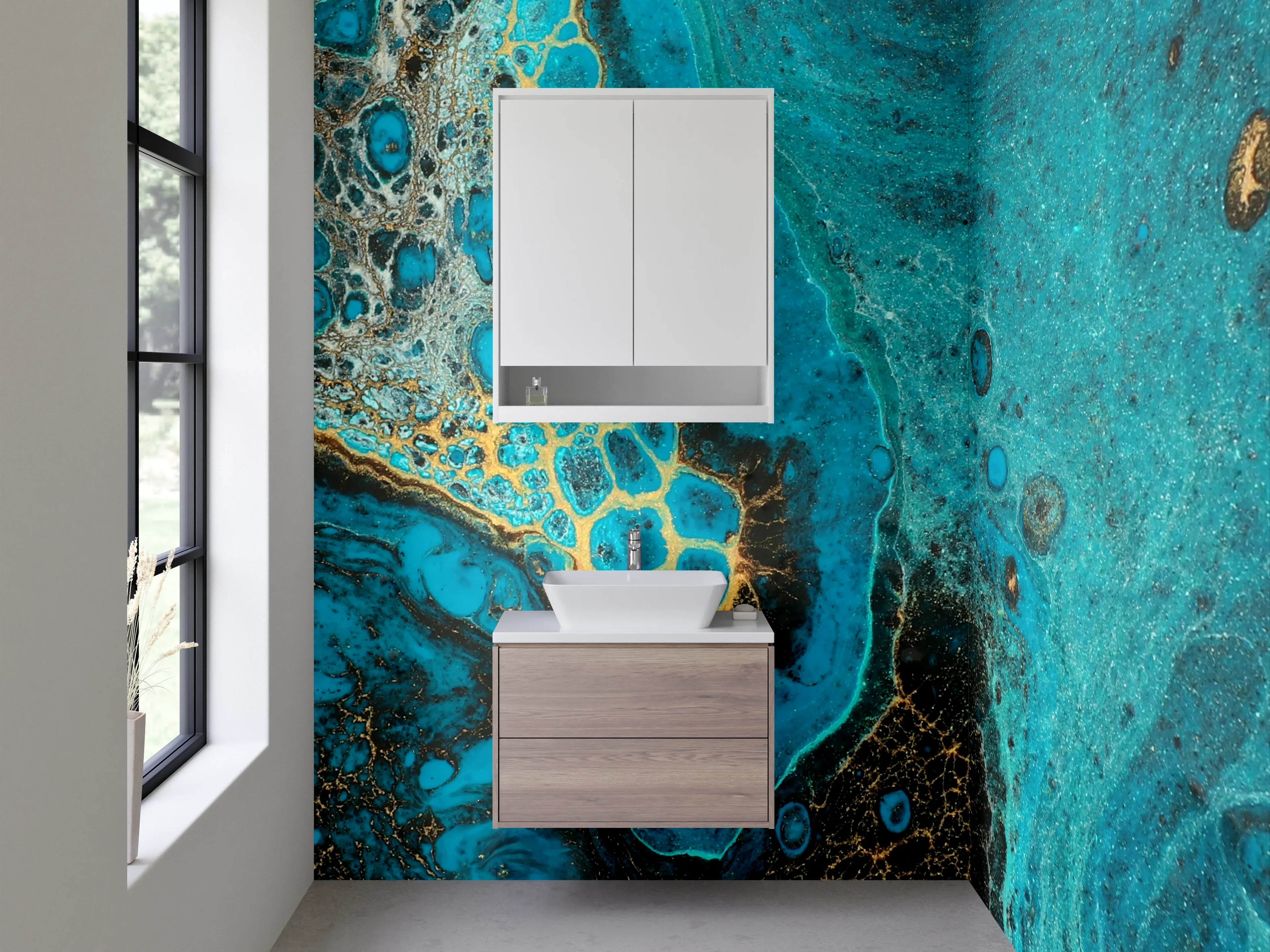 Waschbecken-Rückwand - Abstrakte blau-goldene Marmorstruktur