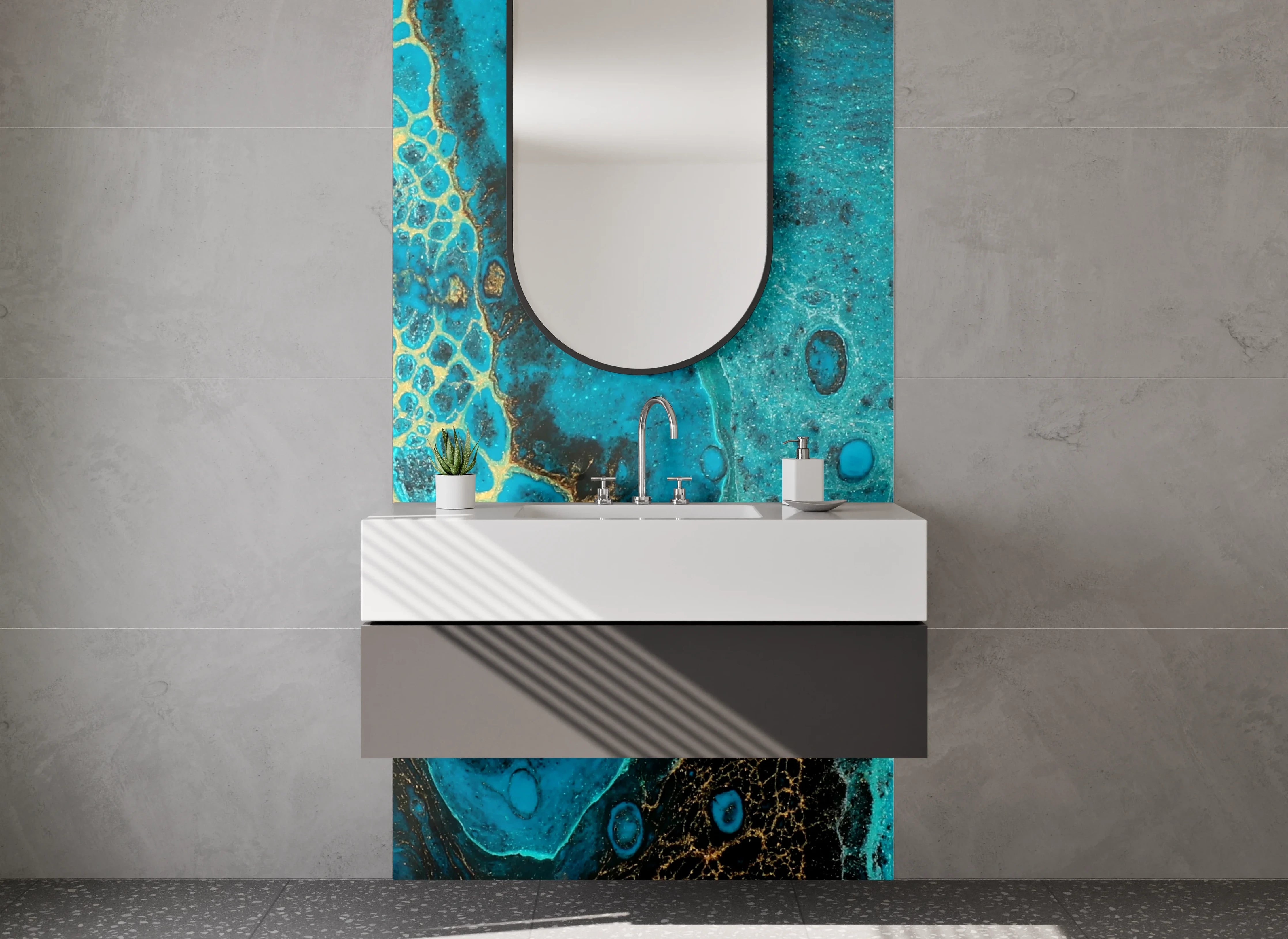 Waschbecken-Rückwand - Abstrakte blau-goldene Marmorstruktur