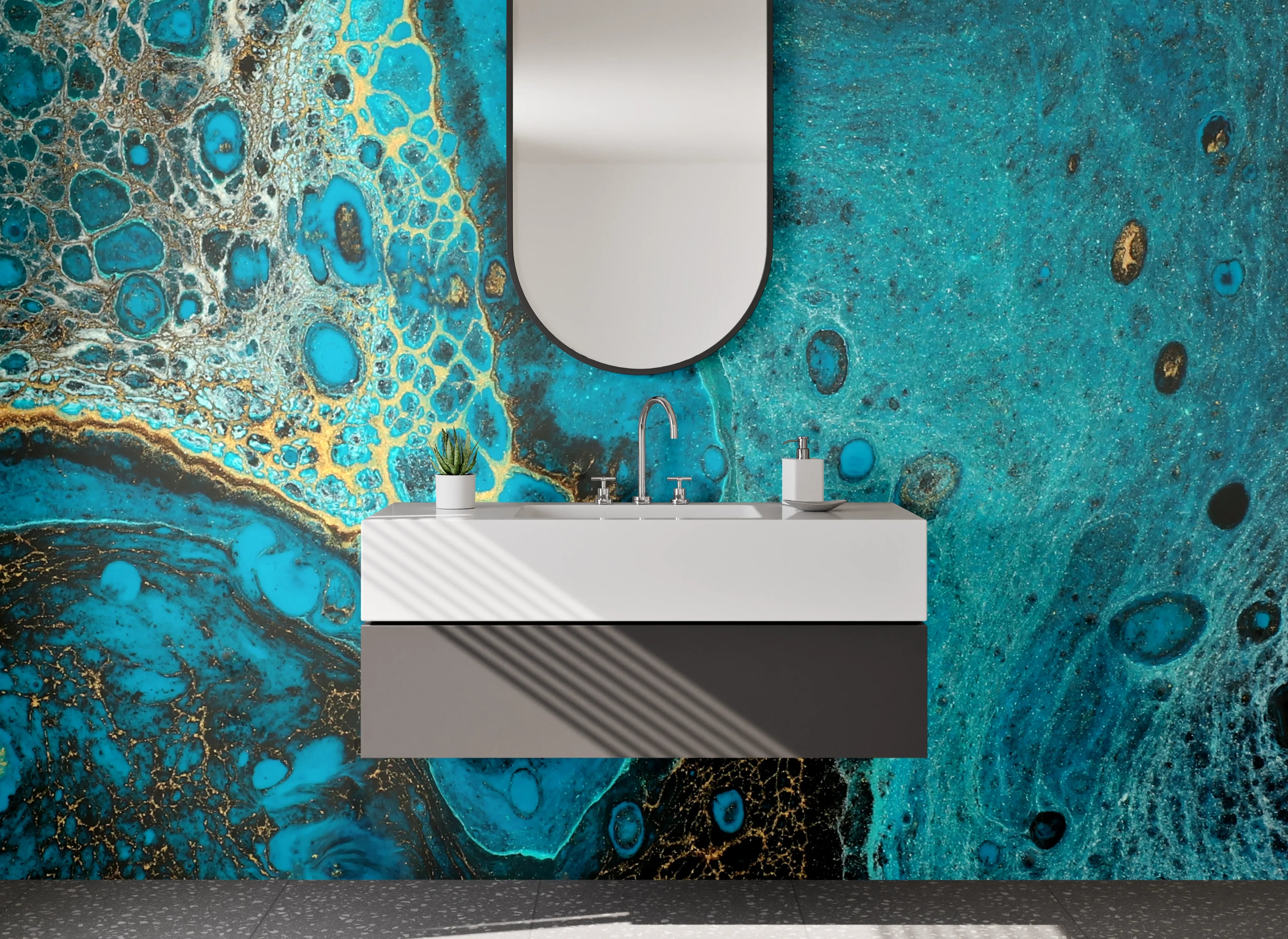 Waschbecken-Rückwand - Abstrakte blau-goldene Marmorstruktur