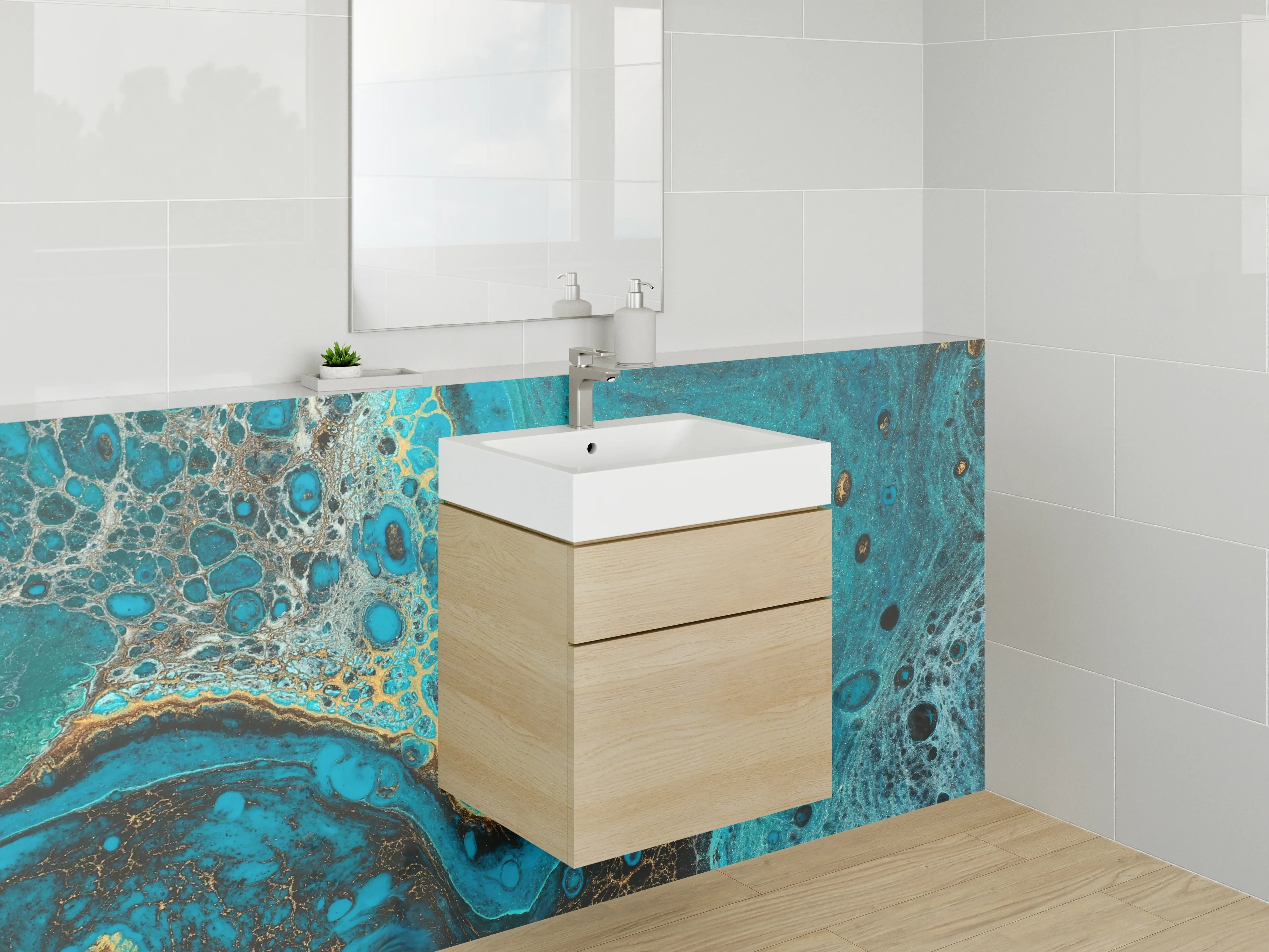 Waschbecken-Rückwand - Abstrakte blau-goldene Marmorstruktur