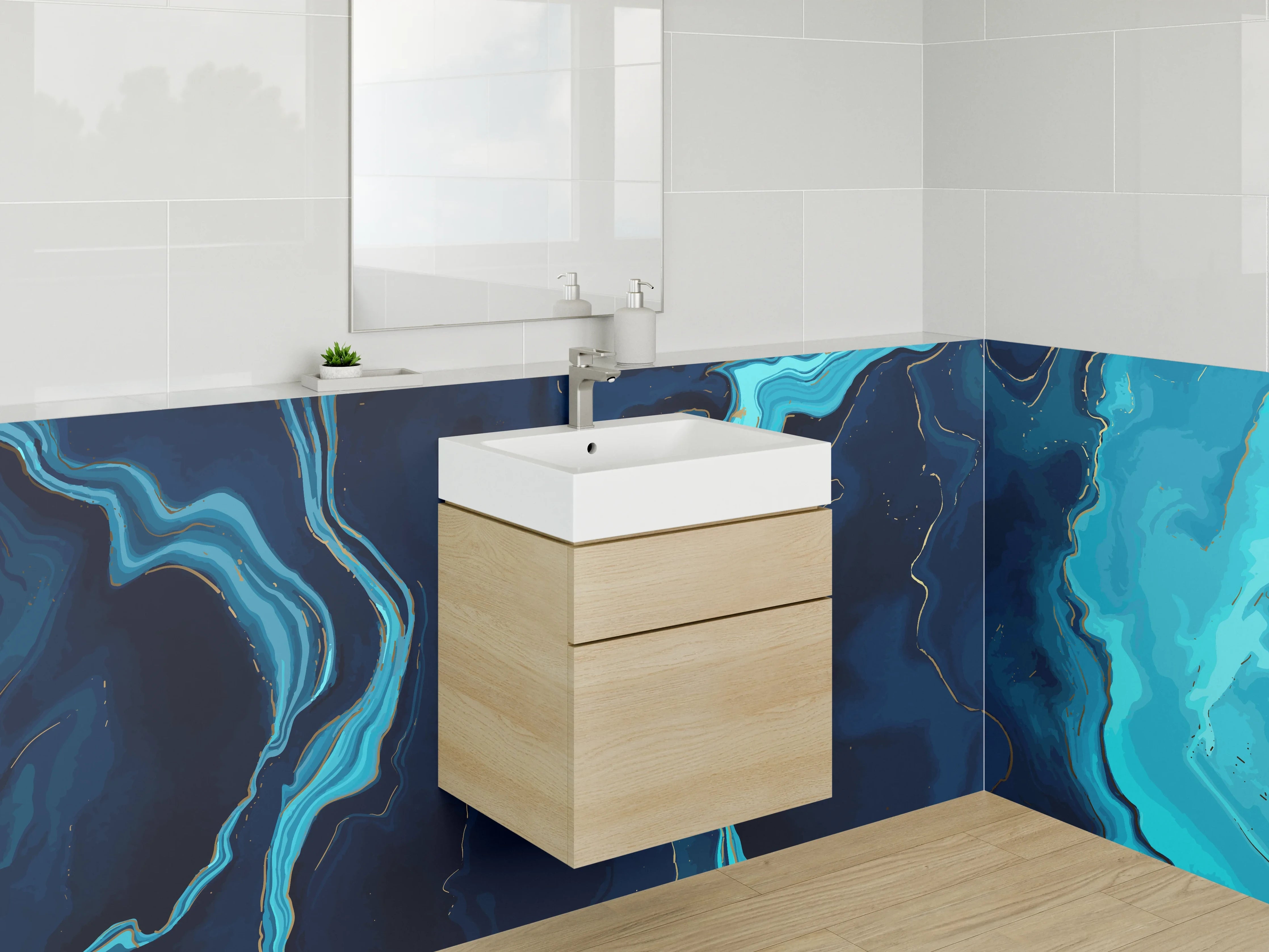 Waschbecken-Rückwand - Abstrakte blaue Flussmarmor Optik